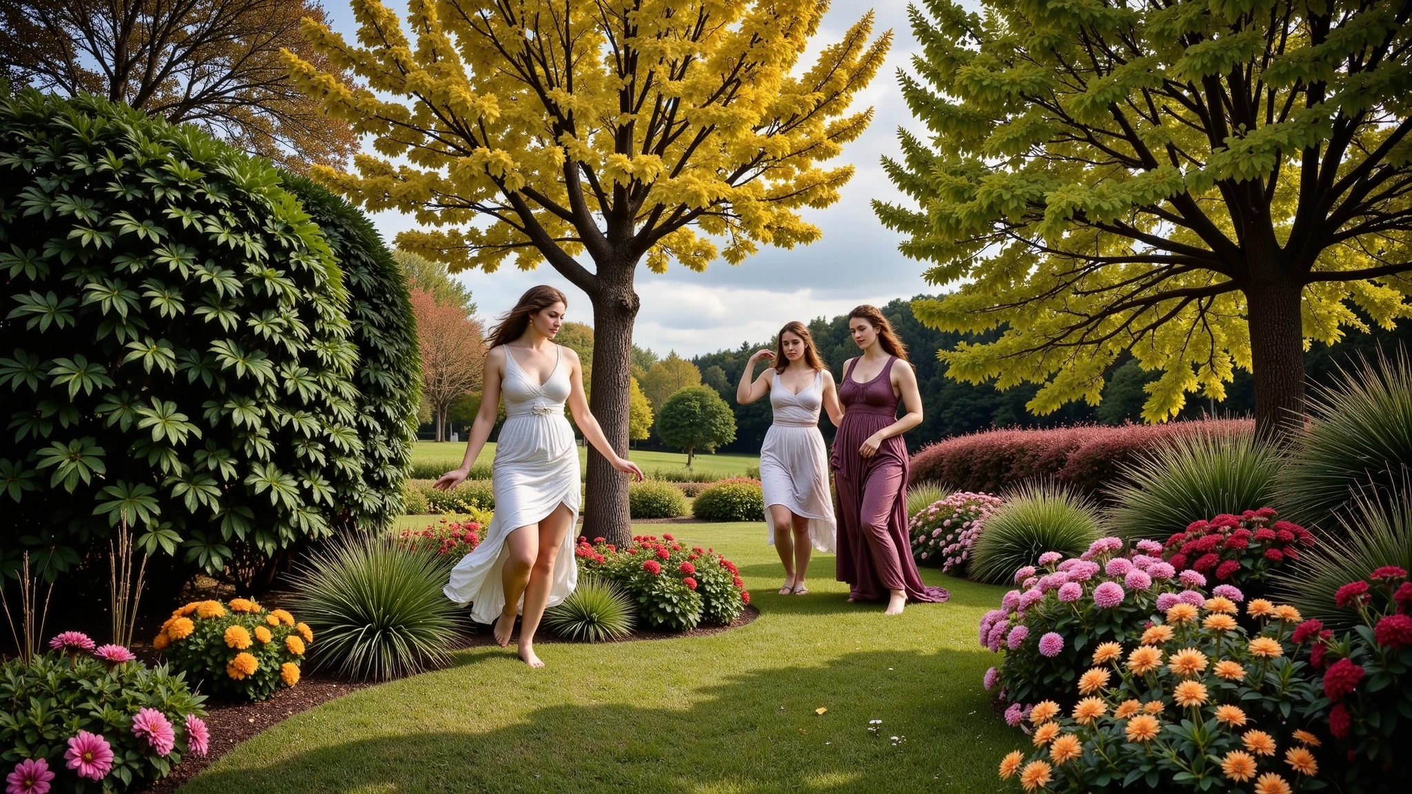 An enchanted garden bathed in the golden light of dusk, filled with leafy trees with gleaming leaves and golden fruits—magical apples that shine like tiny suns. In the center, three nymphs—the Hesperides—dance gracefully among exotic flowers, their flowing robes. Perfect hands, correct anatomy.