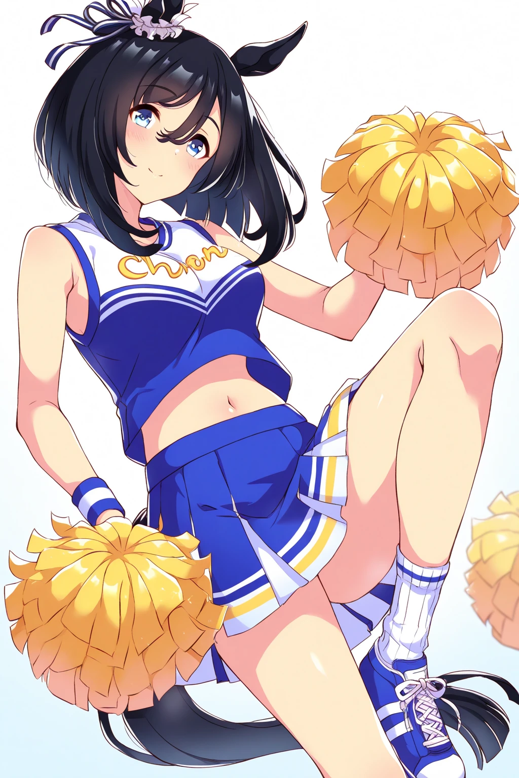 score_9, score_8_up, score_8,laliberte,1girl, full body, standing, from below, brown eyes, parted lips, forced smile, black hair, high ponytail, tanned skin, muscular, large breasts, nipples, defined abs, curvy, white crop top, glitter, micro pleated skirt, thigh highs, sneakers, pom-poms, gym, warm lighting, sweat, mature female, milf,athletic pose, nsfw