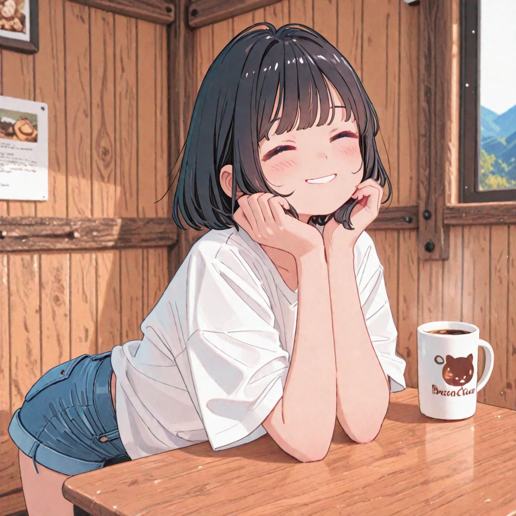 masterpiece、high quality、high resolution、Simple illustration、Deformed、Chibi Character、Adorable 、Giving a mug to a cat、Landscape、Sit on、Hold out the mug、Reach for a mug in one hand、Drinking a mug、coffee