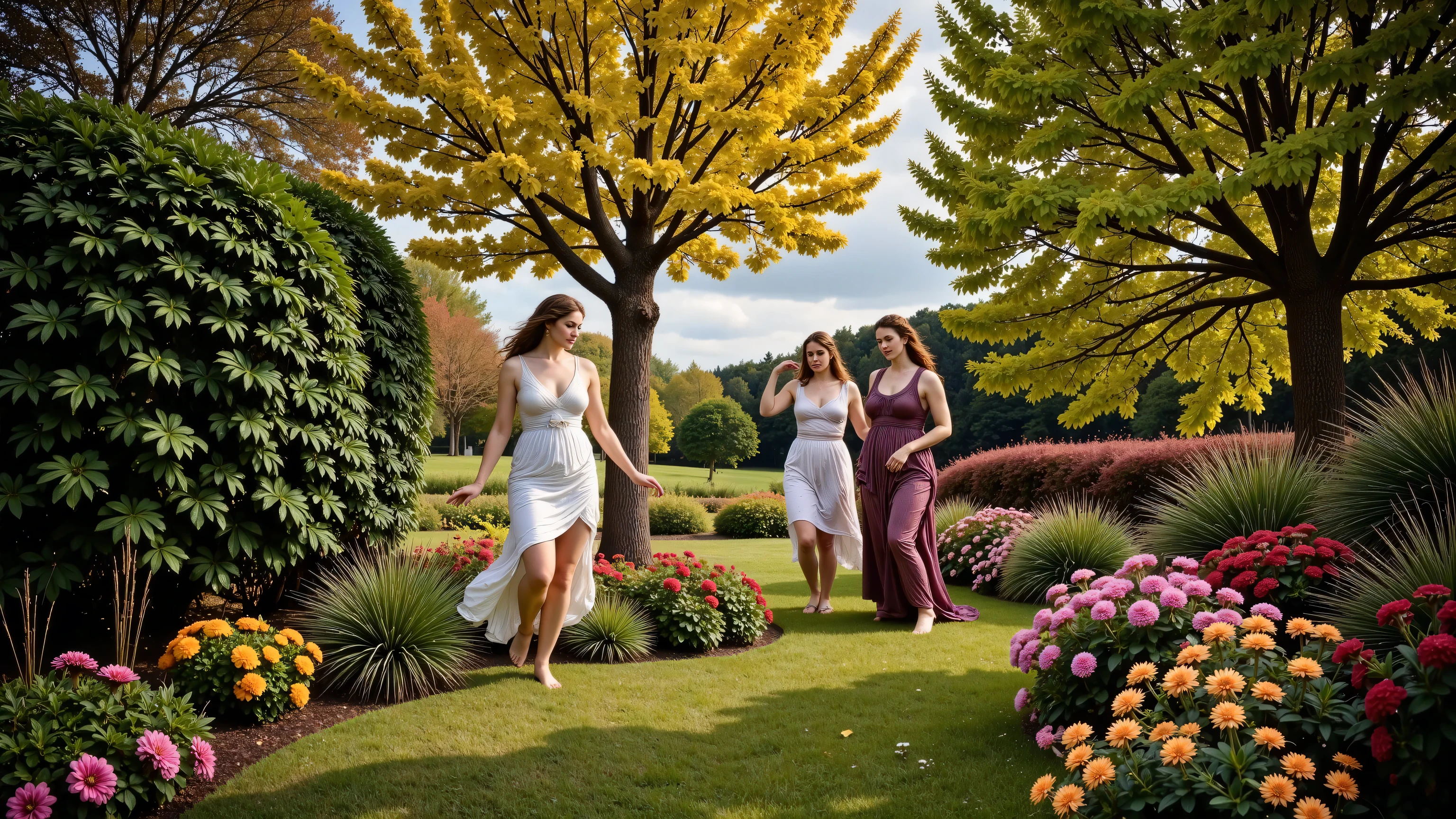 An enchanted garden bathed in the golden light of dusk, filled with leafy trees with gleaming leaves and golden fruits—magical apples that shine like tiny suns. In the center, three nymphs—the Hesperides—dance gracefully among exotic flowers, their flowing robes. Perfect hands, correct anatomy. 