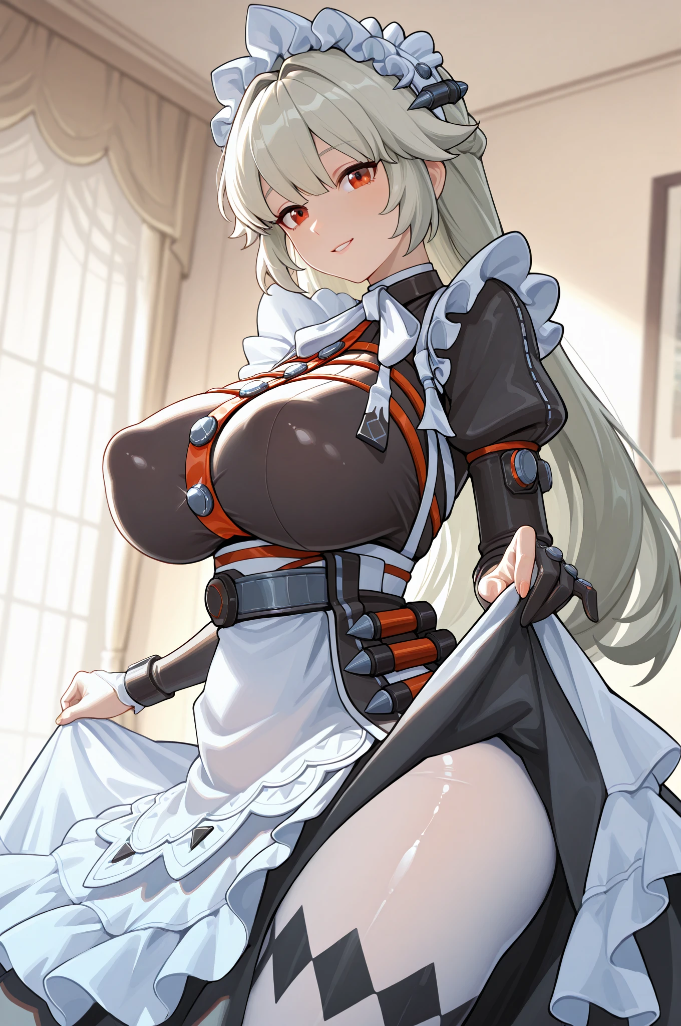 (masterpiece:1.37), Highest quality, (Very detailed:1.37), (One Girl:1.5), woman, (mature:1.5), (Adult:1.5), Hair Ribbon,Earrings, Maid clothes， pantyhose, (Pelvic Curtain:1.5), (Very detailed eyes:1.37), (get wet:2.0), despair, (Are standing:1.5), Embarrassing, humiliation, blush, anger, cherry blossoms, garden, (Golden Hour:1.5), whole body, (Crossing your legs:1.5), From above