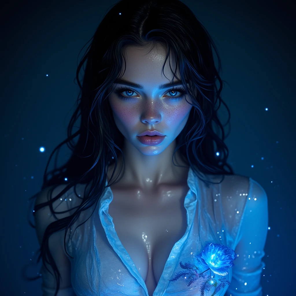 , Image of an extremely beautiful woman,naked, in a magical phosphorescent blue lake, with white glitter on the face and lips, covering her breasts with her hands, very blue eyes, long wet jet black hair, full lips, in magic water, butterflies covering it, phosphorescent blue light, very beautiful