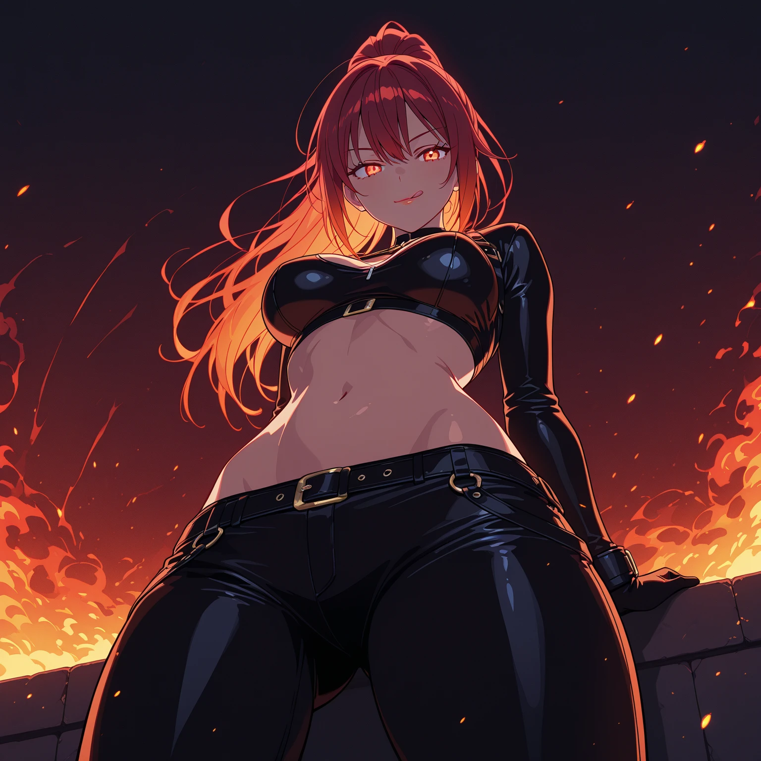 (masterpiece:1.2, best quality), beautiful, a 23yo woman, fiery hair, fire goddess, (glowing red eyes), extremely detailed face, beautiful detailed eyes, defined jawline, (perfect anatomy), wearing red armor, midriff, textured skin, hot lighting, flames, embers, measures 65-40-95, beautiful figure, confidant, wearing black leggins, big legs, highly voluptuous thighs, wears a black coat, fire powers, fire hero, big ass, solo girl,