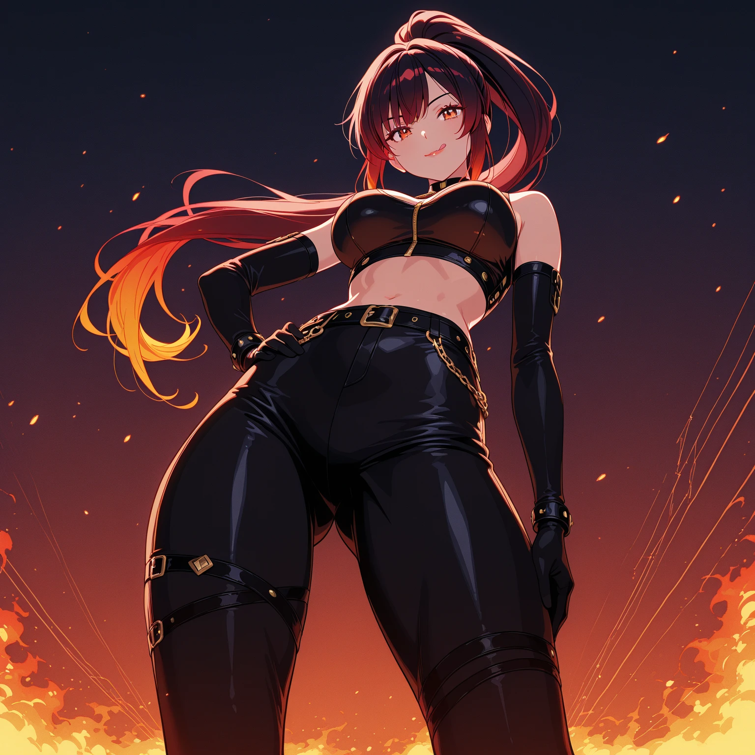Best quality, masterpiece, ultra high res, (photorealistic:1.4), raw photo, 1girl, ((black lace nightgown)), ((small breast)), cold light, wearing black and red leggins, big ass, big legs, thick thighs, small waist, big hips, female, red hair, long hair, loose hair, yellow eyes, wearing black coat, use a katana, magical warrior, confident, (masterpiece:1.2, best quality), beautiful, a 23yo woman, fiery hair, fire goddess, (glowing red eyes), extremely detailed face, beautiful detailed eyes, defined jawline, (perfect anatomy), wearing red armor, midriff, textured skin, hot lighting, flames, embers, measures 70-40-95, beautiful figure, confidant, wearing black leggins, big legs, highly voluptuous thighs, wears a black coat, fire powers, fire hero, big ass, solo girl, thick legs,