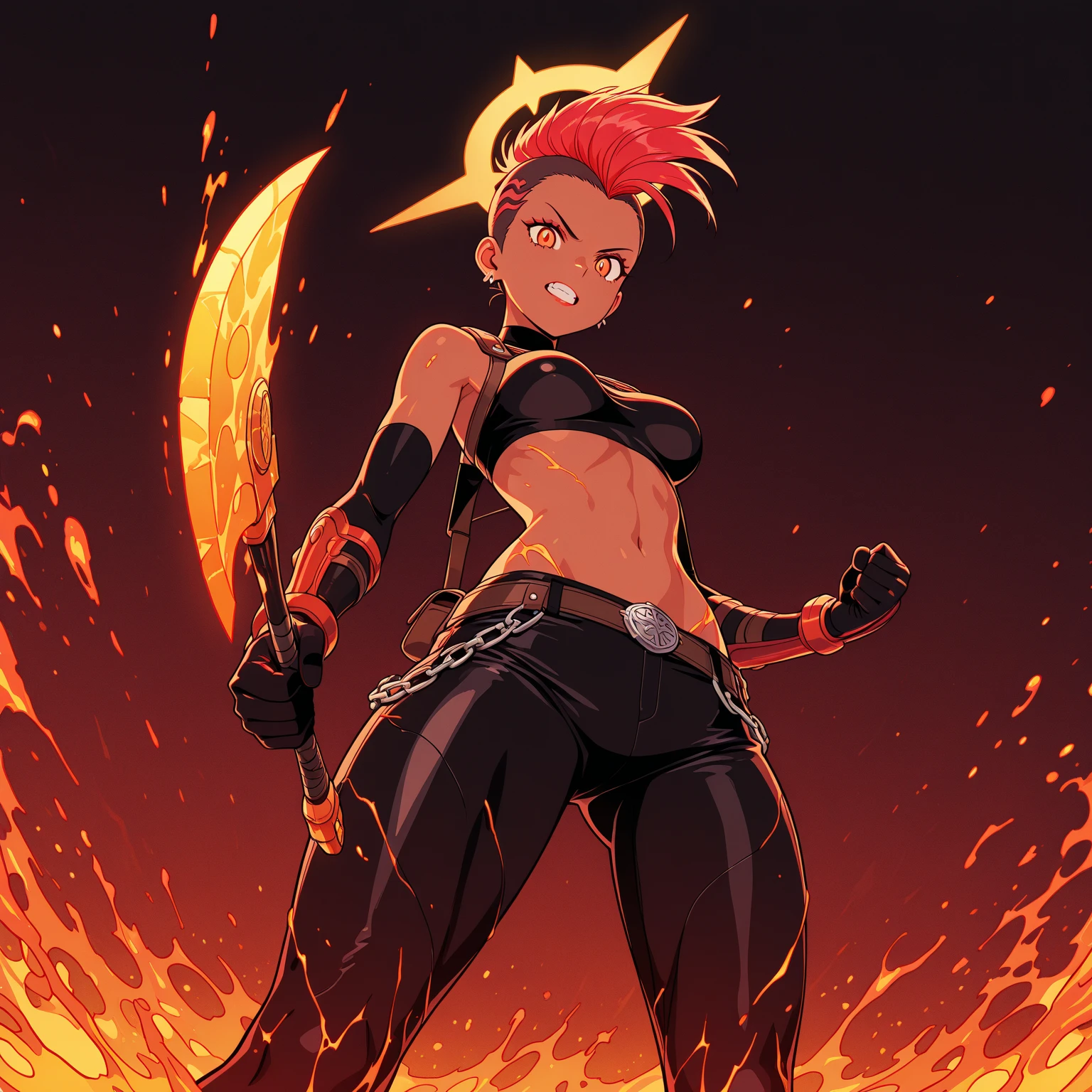 ((masterpiece,best quality)), absurdres,
<lora:Ember_McLain_Danny_Phantom:0.6>, Ember_McLain_Danny_Phantom, pony tail, aqua hair, 
smug, goth, big belt, 
blue fire and music notes in background, cinematic composition, dynamic pose,