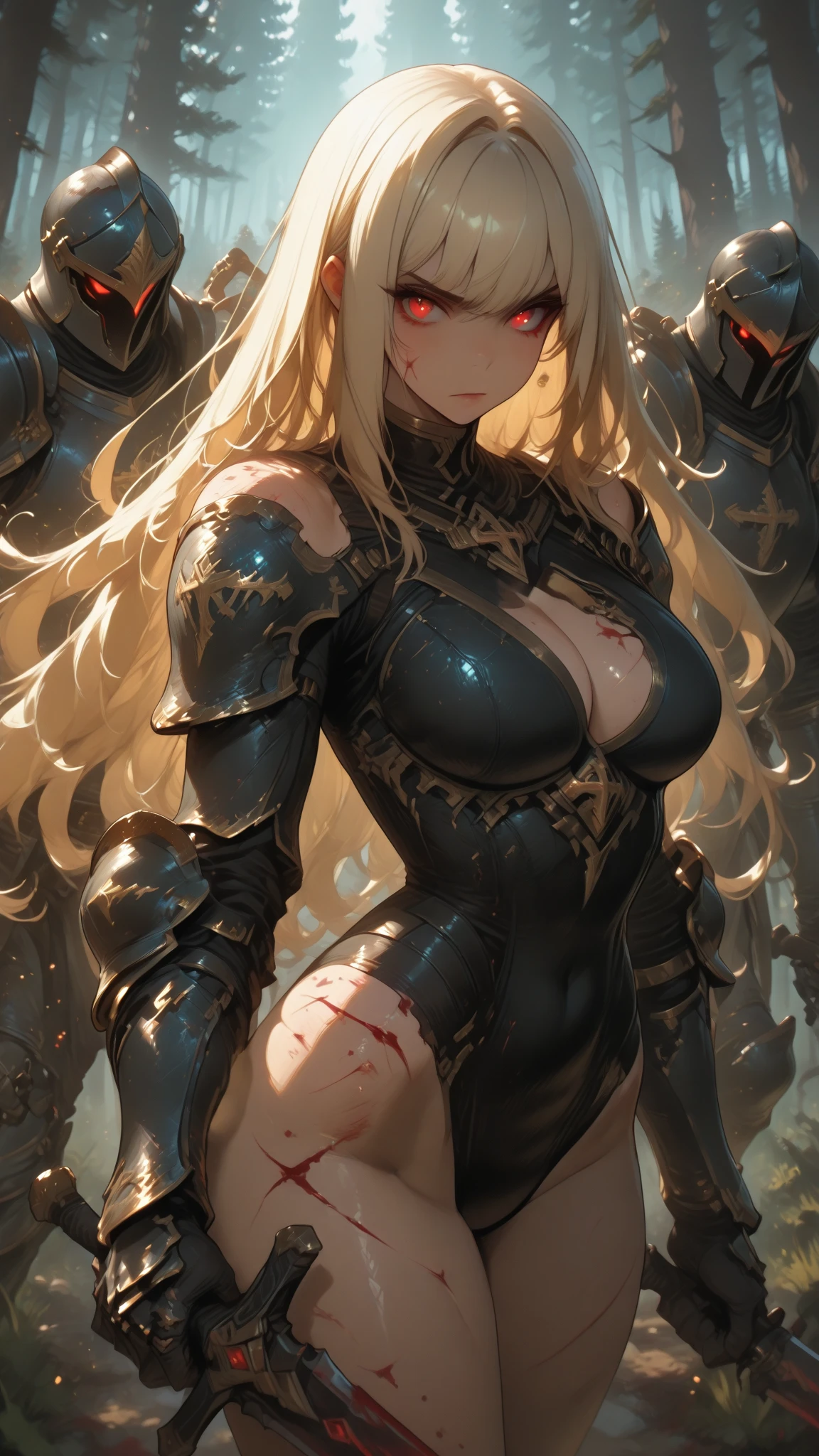 A group of female knights, (all of them :shirt lift, bare breast, in cave, vaginal spread, after sex, cum dripping, vaginal penetration), various hair styles, wearing armor, defeated, bruise, injury, scared, cry, tentacles, multiple girl, metal armor