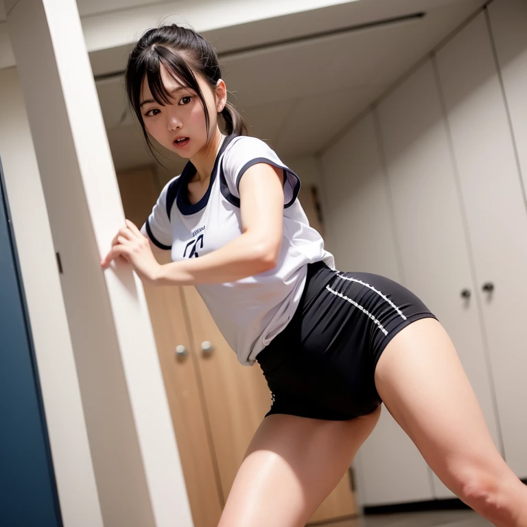 Realistic and high quality photos、Japanese women photos、Cute girl、(nsfw:1.3)、((tennis uniform))、((spread pussy))、locker room、Erect nipples、Big Eyes、Baby Face、、Beautiful and neat features、whole body、(middle brown hair)、Expressionless,((spread legs))、((squatting)),(How:1.3),(bukkake:1.3),((from below))、sweat,(pubic hair:1.4),(arms behind back),((bare breasts))、(show off nipple),sneakers