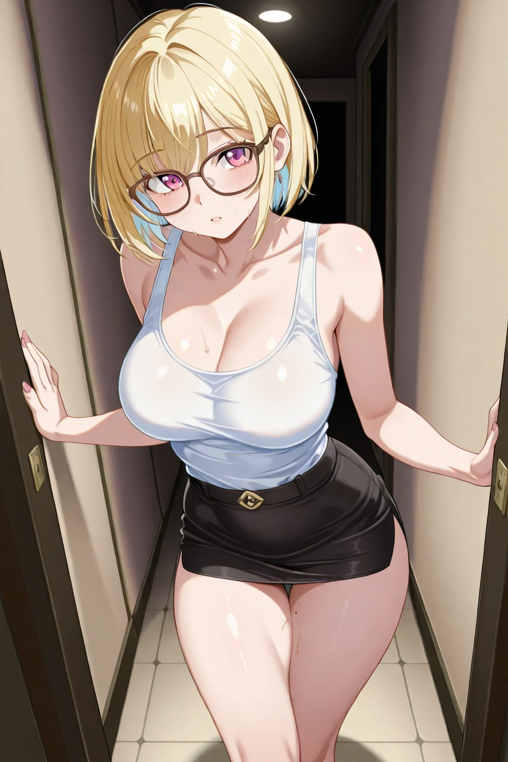 (upper body:1.2 1girl, masterpiece, best quality, ultra-detailed, illustration, finely detailed eyes and detailed face) Clothes: white pencil skirt , tight tube top white, wedding ring, Appearance: short blonde hair in a neat low bun, natural makeup, (purple eyes:1.05), white glasses, wide hips, massive breasts, alluring, motherly, at_the_CEO_office, looking at viewer, curvy, voluptuous, full body, CEO lady, (mature female, milf:1.1), solo, (curvy:1.1), big ass, thick thighs, milf, shot from above, very detail