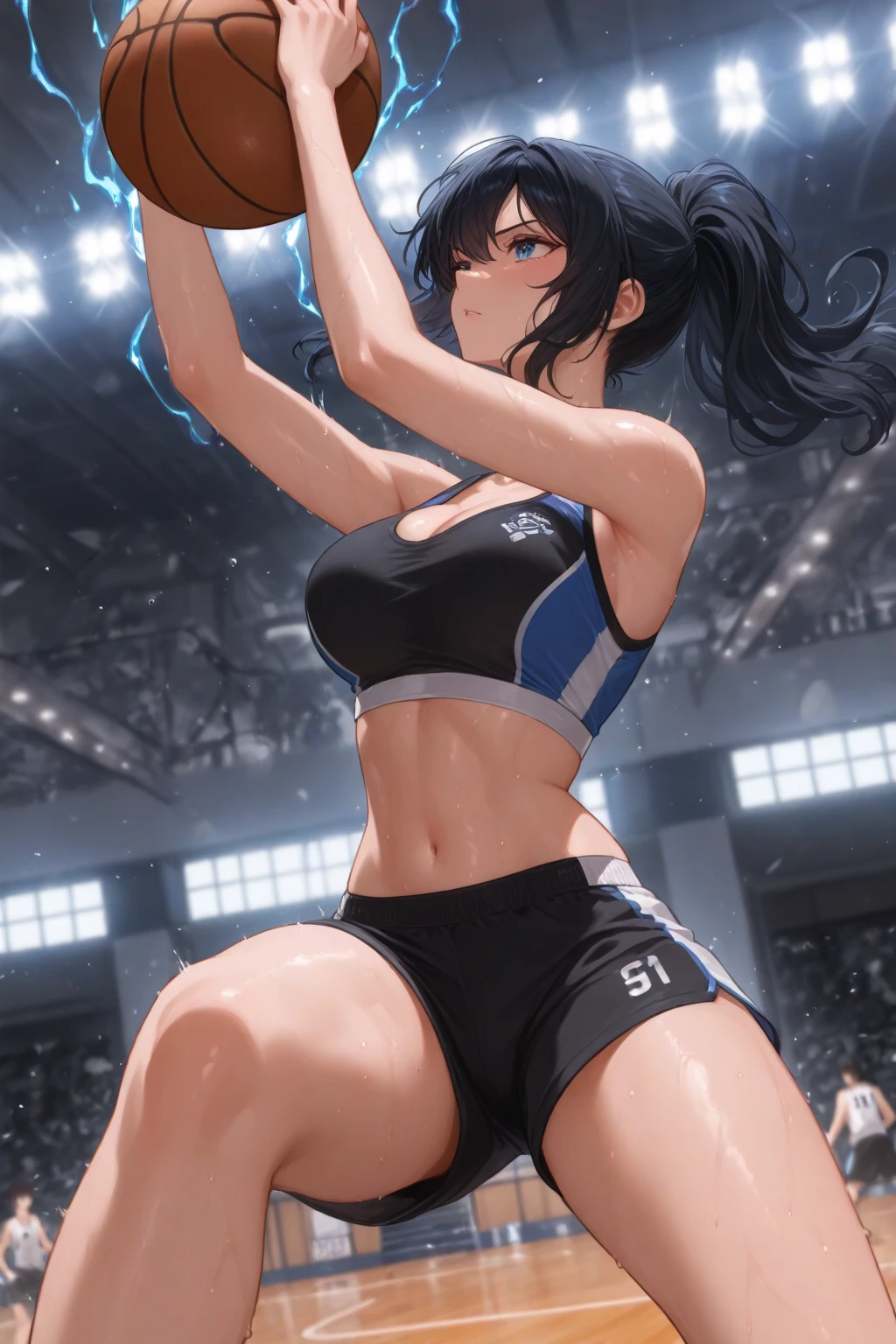 Dark blue single ponytail muscular woman desperately pressing huge stones with muscular pectoral muscles, Phlebocellosis, Screaming, Do all in one's power。, full of sweat, gritting teeth, 。Get in toning poses in your private gym,Breast leakage can hardly hold on