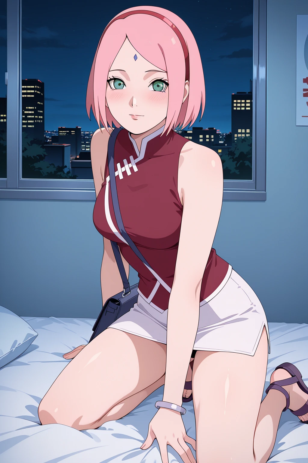 Sakura haruno, 1girl, NSFW, , Chica en la parte superior, vaginal, dentro, corazones, Cabello largo, cama, Pov