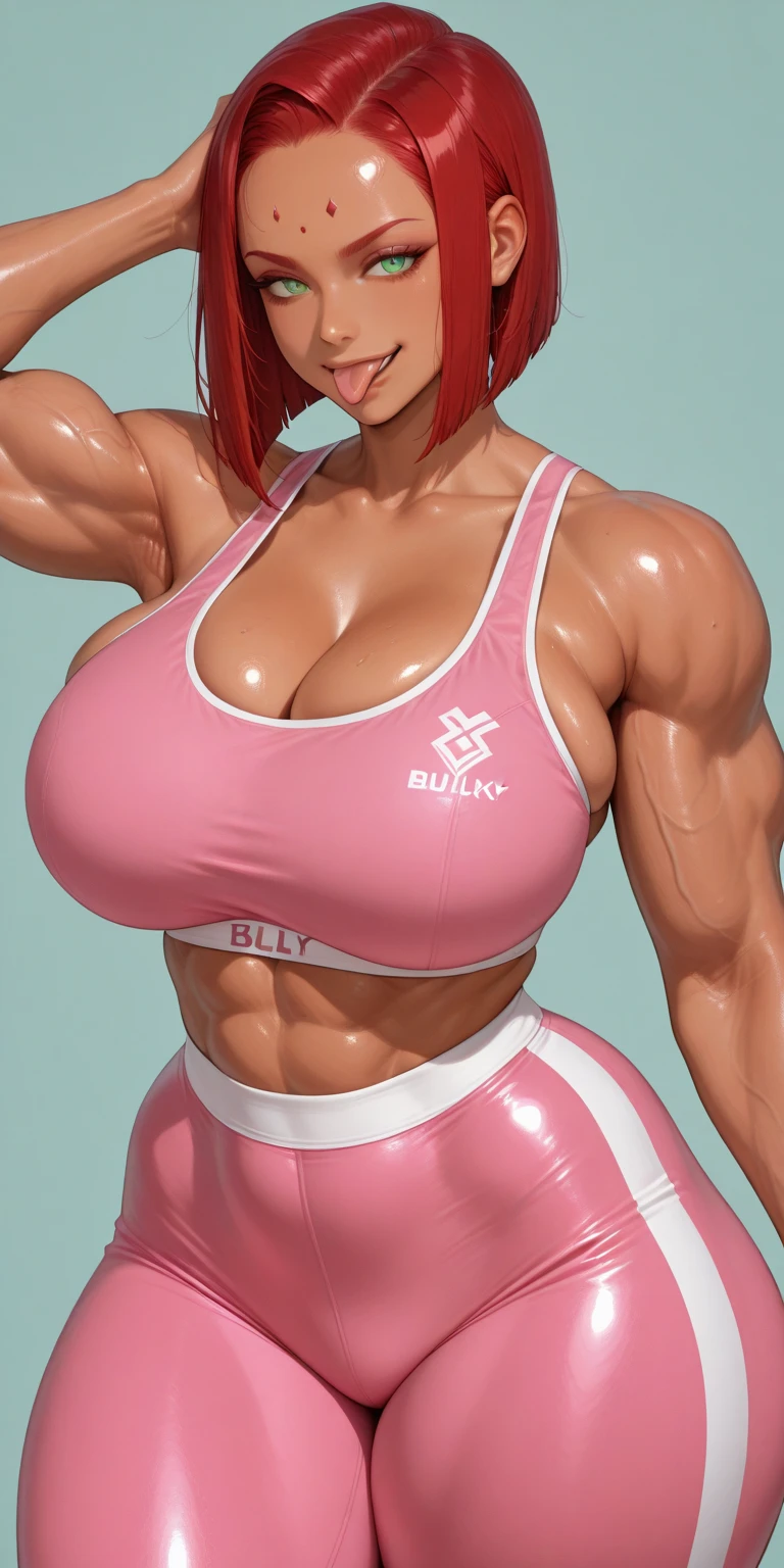 pink hair, bobcut, cleavage, white see-though tank top, pink shorts, full body shot, blank background, black background, cleavage