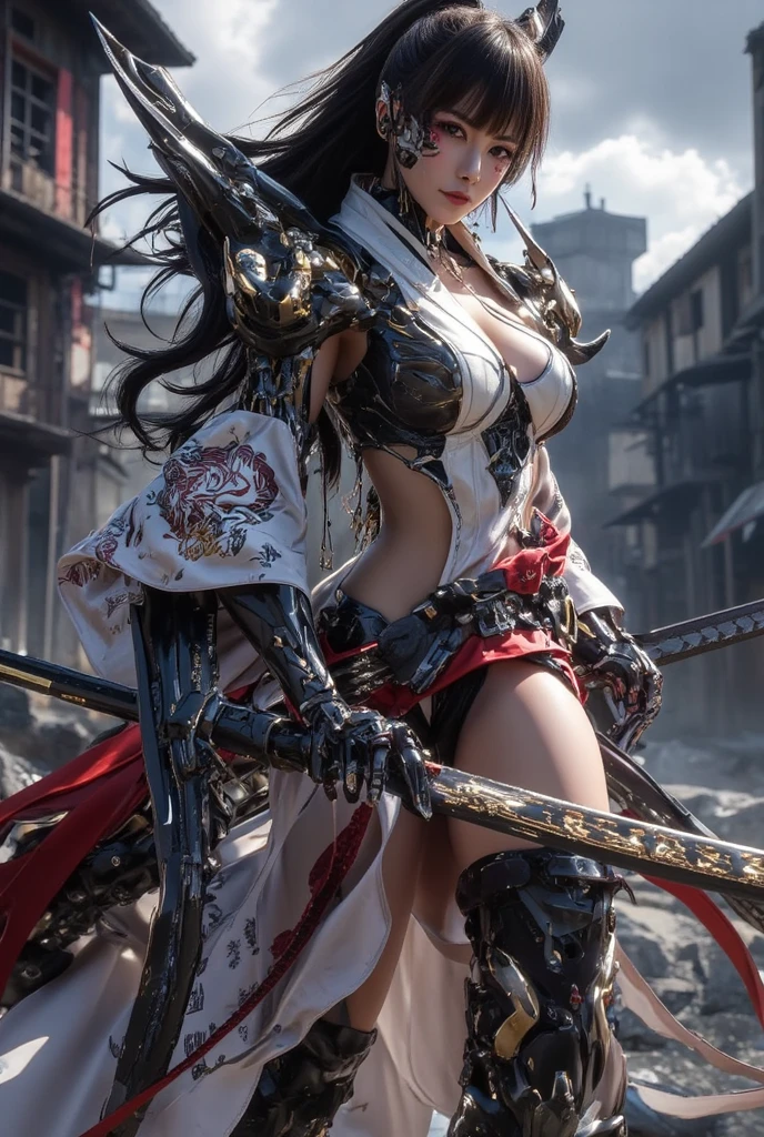 (Positive focus),(暗闇のnight:1),(highest quality),(Faithfulness:1),Movie Posting,Realistic skin texture,Very detailed,8k wallpaper,Volumetric Lighting,Dynamic Lighting,One person girl,Long black hair,Large Breasts,Black Metal Armor,red waistband,Black Armor,Scapula,Waist Guard,Handguard,Hold a long sword in front of you,desert、Combat Stance,Lots of blood,血痕のあるface,Torn clothes,古代desertの戦場,A group of ancient soldiers were chased and killed,Arrows fly,There is a lot of war,night,Dramatic composition,Around the sword,The picture is clear in detail,and,Cinema Lighting,(Chiayi:1.5), Cleavage close-up, masterpiece, highest quality, RAW Photos, Realistically, face, Incredibly ridiculous resolution, Depth of written boundary, High resolution, Super detailed, Fine details, Very detailed, Very detailed目andface, Sharp pupils, Realistic students, Get into sharp focus, Cinema Lighting,The shoulders have exposed skin,The navel is exposed,The thighs of the legs are exposed,Sniper,狙撃手andしての鋭い目,Tomboy beautiful girl,Her appearance is unparalleled in beauty.,Thin and lean body type,skinny,Big Breasts、Small waist,Thin pelvis,Thin legs,Thin legs,,Big Hips,朝日and強い日差し,City of Flames,Remains,