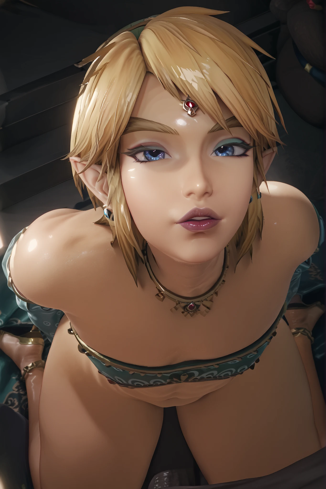 Princess Zelda, blue eyes, stunning proportions, white background, short hair, extremely detailed, close up, blushing, (cum), dripping, ((soft, soft light, gentle)), blue garter belt, (vagina, no panties), bed, (drool, drooling, dripping cum), dripping, small breasts, facial, crying