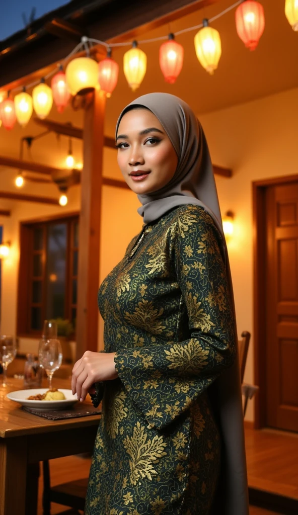 fun and charming realistic shooting in a comfortable scene featuring a beautiful young woman wearing a brown t-shirt with a modest hijab and pleated skirt. the woman was holding a steaming cup of golden hot chocolate, while the golden tray next to her was filled with delicious cakes, donuts, chocolates, and lollipops. The backdrop is a serene, sunny garden filled with vibrant sunflower plants, with the sun's smile casting a warm glow over the scene. The phrase "AIREN PERTIWI" is elegantly written in 3D gold letters, adding a touch of sophistication and charm to the