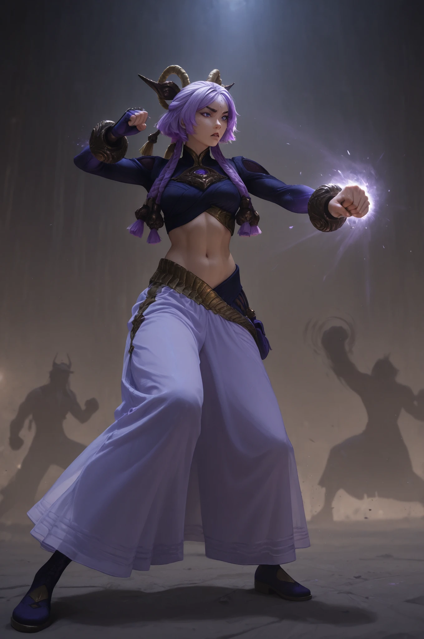 ((RAW Photo), absurd, (absurdresolution)), masterpiece, best quality, (Extremely detailed 8k unity CG wallpaper), (best illustration), (best shadow), Realistic lighting, beautiful detailed glow, yumruklar önde, hafif eğik, dövüşmeye hazır, 1girl, girl fight scene, fight scene, fists, yunara_ionian, purple eyes, purple hair, 4braids, multiple braids, very short eyebrows, thick eyebrows, dark purple eyebrows, forehead mark, tassel, hair ornament, fake horn, hair tie, büyük göğüsler, stomach line, belly button, punching, battle, (abs:0.5), 