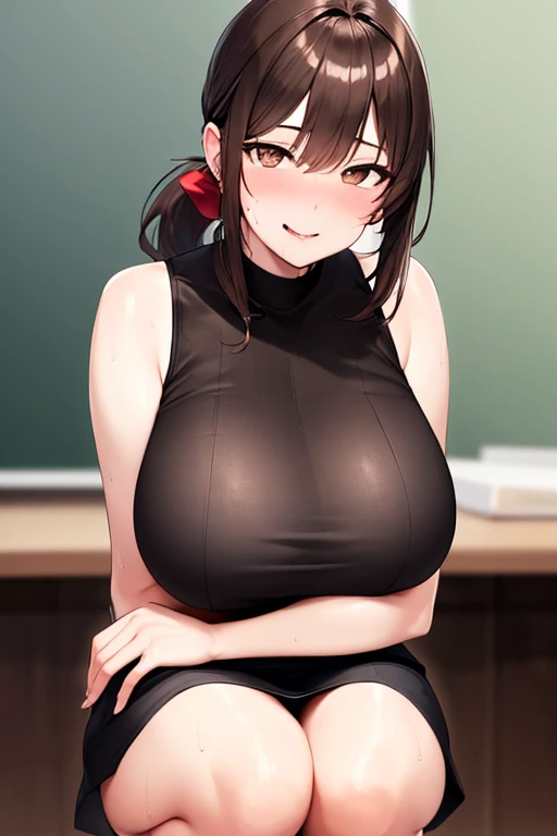 ((highres)), Masterpiece, high quality, best quality, beautiful, perfect lighting, detailed face, ultra cute face, ((1girl)), ((solo)), short black hair, hair over one eye, green eyes, pale skin, ((blush)), shy, aroused, arms behind back, (black tank top), (short plaid pleated skirt), thigh highs, chocker, cleavage, large breasts, (wide hips), (thick thighs), navel, chubby, chubby belly, belly rolls, standing in a classroom,