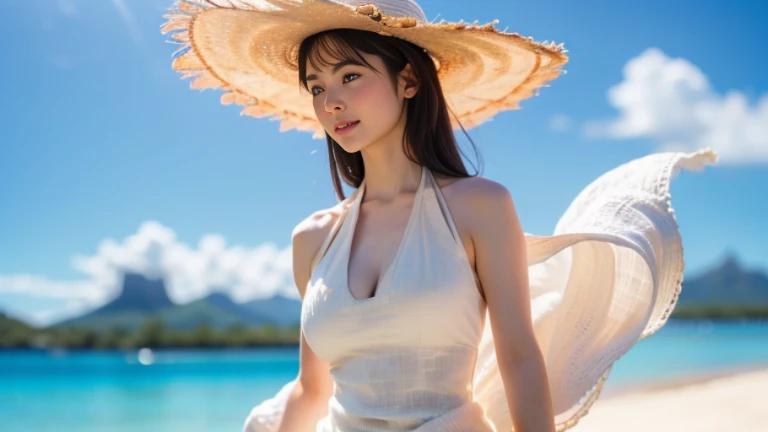 Photorealistic、Masseter region、Highest quality、High resolution、RAW Photos、Genuine、Bright lighting、Face Light、Smooth Professional Lighting、Japanese women、Beautiful Face、Just the right breasts、Straw Hat 1:3、Summery outfit 1:3、The background has a summer feel