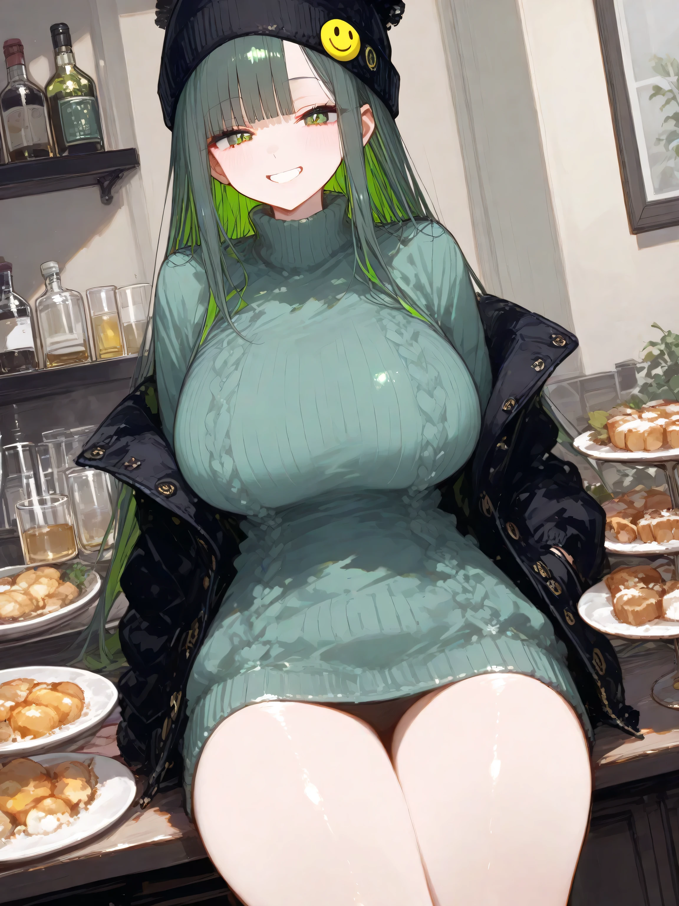 best quality, masterpiece:1.2),((((green hair)))),(((green eyes)))),(((black collar)))), (((bob hair cut)))), highly detailed, HDR, girl, 18 years old maid, (starbucks apron, naked apron, large neckline: 1.2), model position, looking at the viewer, (beautiful detailed eyes, beautiful detailed lips, extremely detailed eyes and face, long eyelashes), (shapely, rounded, hourglass) body, (beautiful detailed breasts, shapely firm breasts), (shapely, toned) legs, seductive atmosphere, flirtatious look, very sexy, at the cafe, (seductive smile)