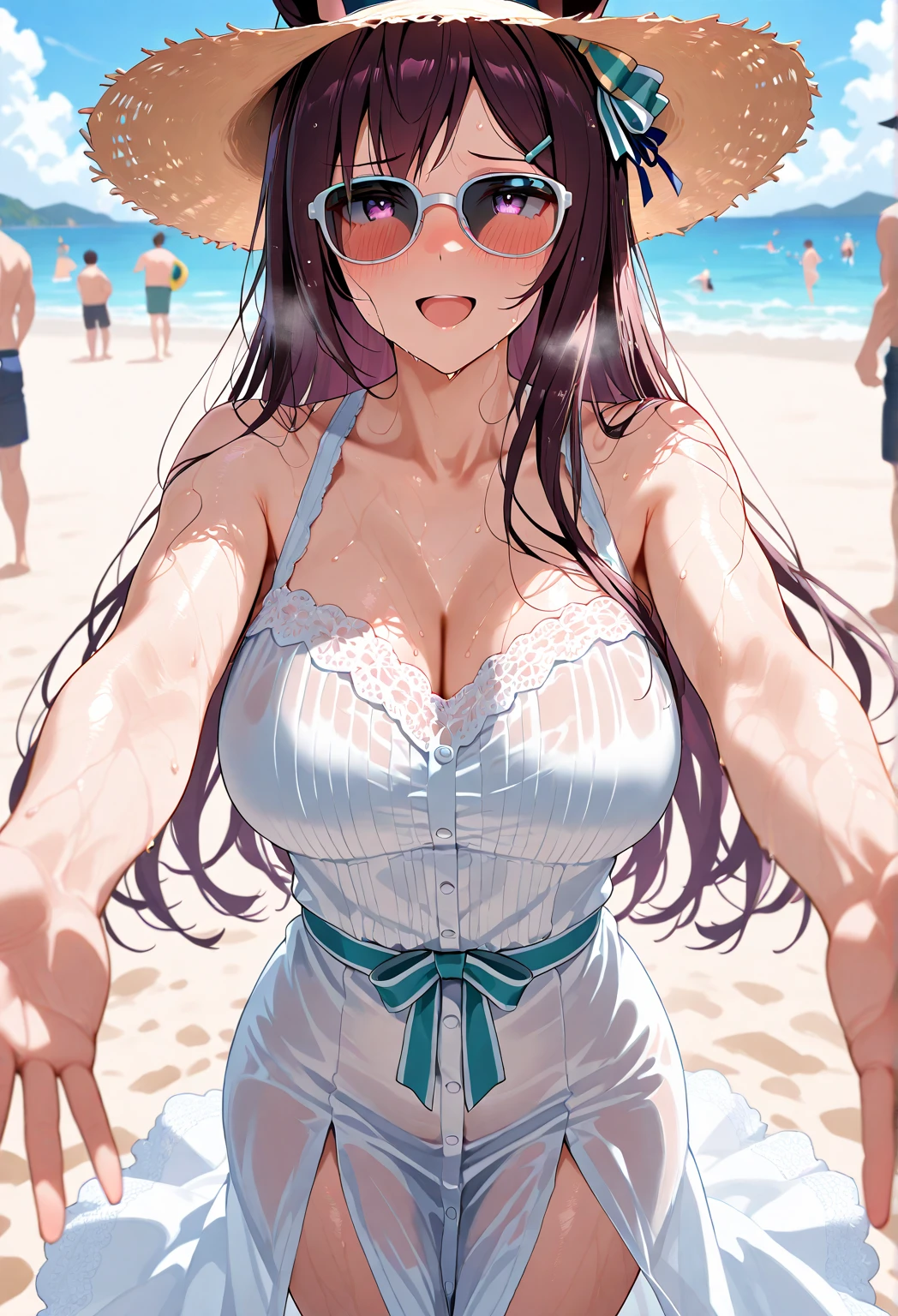 A 6-year-old girl with big breasts, plump figure, round, wearing a gradient wedding dress, lace bikini, bikini is lace cut-out, on the beach, wearing glasses and wearing thin tulle