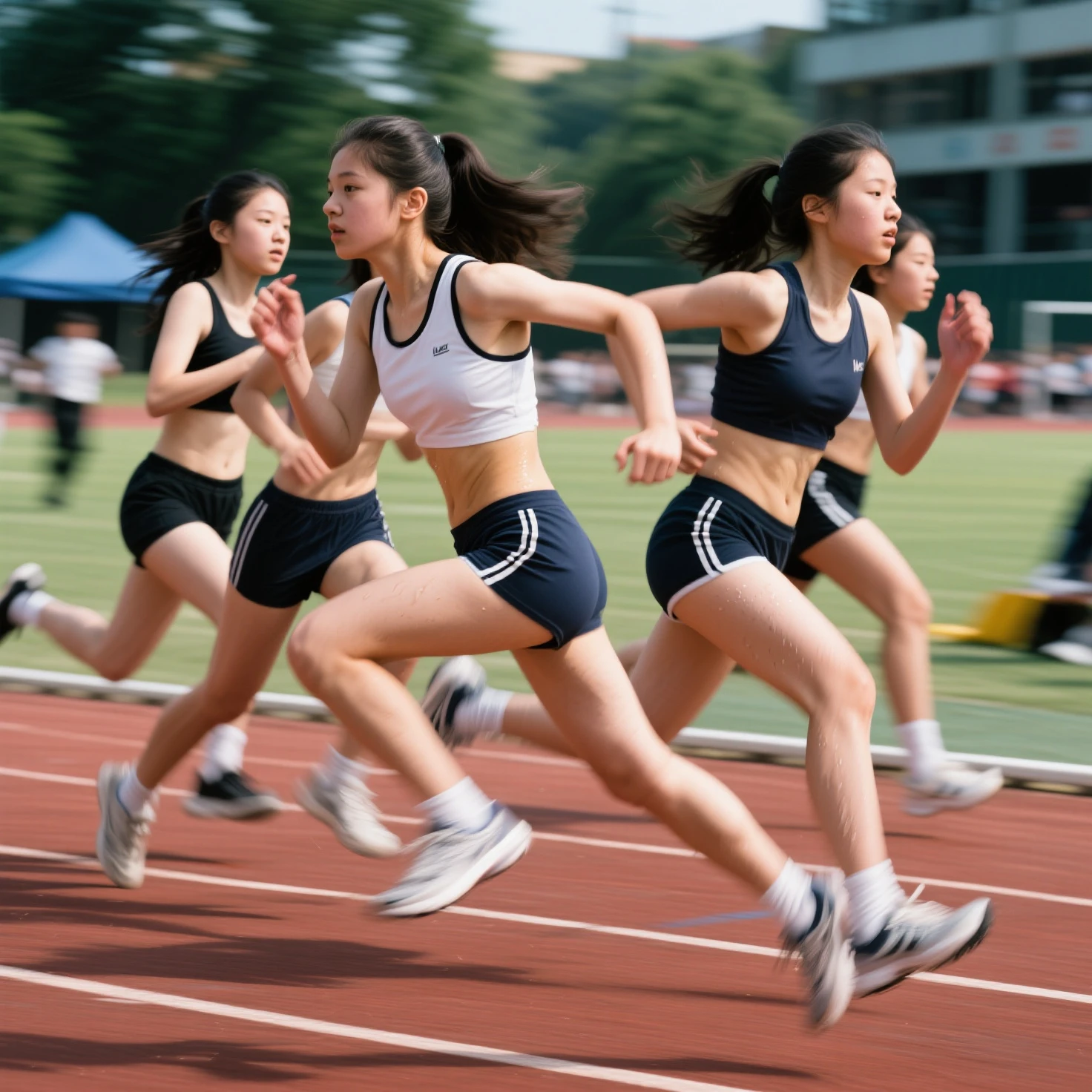 Big Breasts、Nipples、A group of 10 girls running side by side、(8K、Super A high resolution、Highest quality、Masterpiece、RAW portrait of a Japanese-American girl、Super A high resolution、Highest quality:1.1) (Big Breasts、Quite large breasts、Cleavage:1.3)(Running Wear、High-legged bloomers、running shoes、Track and field athlete:1.5)(Low - Angle、Driving in the truck lane、Short distance walking、Running with her chest shaking wildly、Sprinting through the university&#39;s track and field stadium:1.4) BREAK(Natural skin texture、Detailed skin、Hyperrealism、Ultra Sharpness)、Intricate details、Character border depth(masterpiece、Highest quality、High definition、Photoreactivity:1.1)、 Happy Smile、short black bob、Big Eye、Clear double eyelids、Clear double eyelids、Small face)(vision、Eye highlight、Light Brown Eyes、Lip gloss)