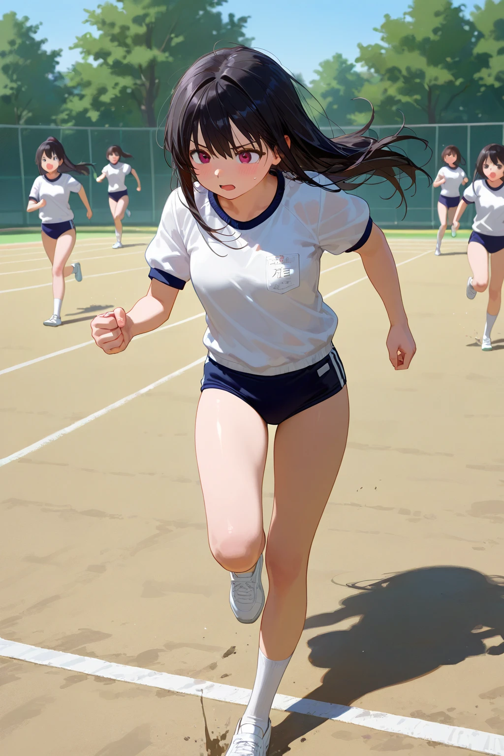 Absurd, masterpiece, Very detailed, Schoolyard、A black-haired high school girl running on the playground、Black bloomers, White gym clothes、hurdle、Sports Field,Outdoor, Medium Long Hair、smile、Beautiful breasts
