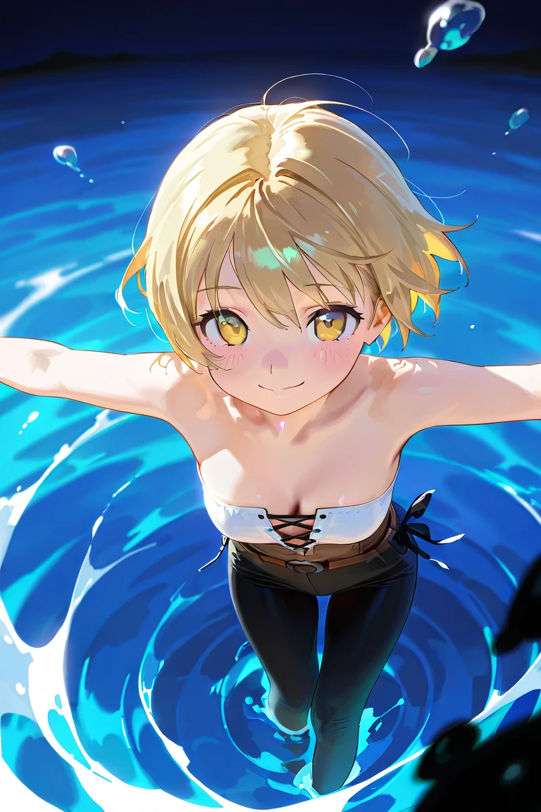 A cute girl in a swimsuit(original bikini swimsuit)(Small body) (Little Girl:1.5), (blonde:1.5)(eyelash:1.2)(eye shadow:1.3) (Blue eyes:1.5), (Beautiful fine details:1.4) (Short Bob Hair:1.4), (Blue eyes)(Big Breasts:1.3) (White skin:1.2)Height: 130cm, original character, Fantasy, View Viewer Art: (A girl with beautiful deep eyes. The depth of field in the photo is perfect、Lens flares create a nice atmosphere. The details of her face really stand out, This photo definitely gets a 10 or more.. background, There is a beautiful sea with crystal clear water and water droplets floating on the surface. Laughing happily