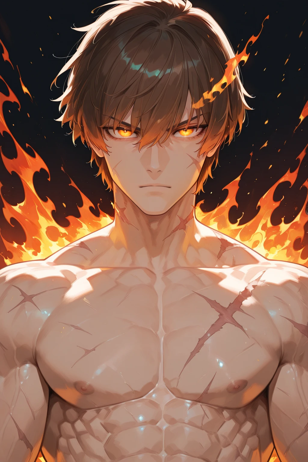 Handsome guy with red eyes, On a neutral dark background, Two red and blond hair colors，Relatively short hair，Handsome，Tall muscular man，A handsome and decisive little boy,Eight-pack abs，upper body bare, The body emits a golden glow，Majestic gestures and trampling on fiery flames. Flames surged around them, creating an opulent atmosphere