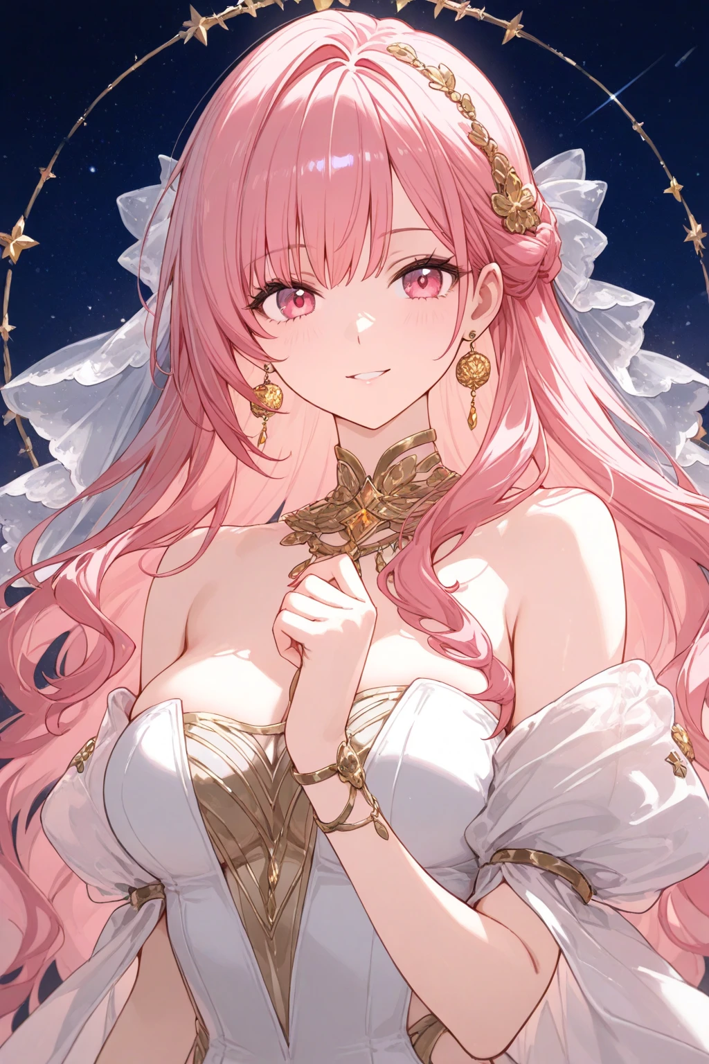 ((muste piece)), ((best quality))、best style、beautiful woman、The most beautiful woman in the world、A dress with flowers, a luxurious dress, dressed Beautiful Gowns, Floral Couture, fantasy dress, magic dress, wearing a wonderful dress, intricate gown, intricate dresses, brilliant pink ball gown, Pretty dresses, Beautiful Gowns, Flower dress, lady with glowing flowers dress, Wearing a pink ballroom gown, romantic dress, wearing a wonderful dress、pink eyes、pink hair、long hair、big breasts、detailed face、best style、smile