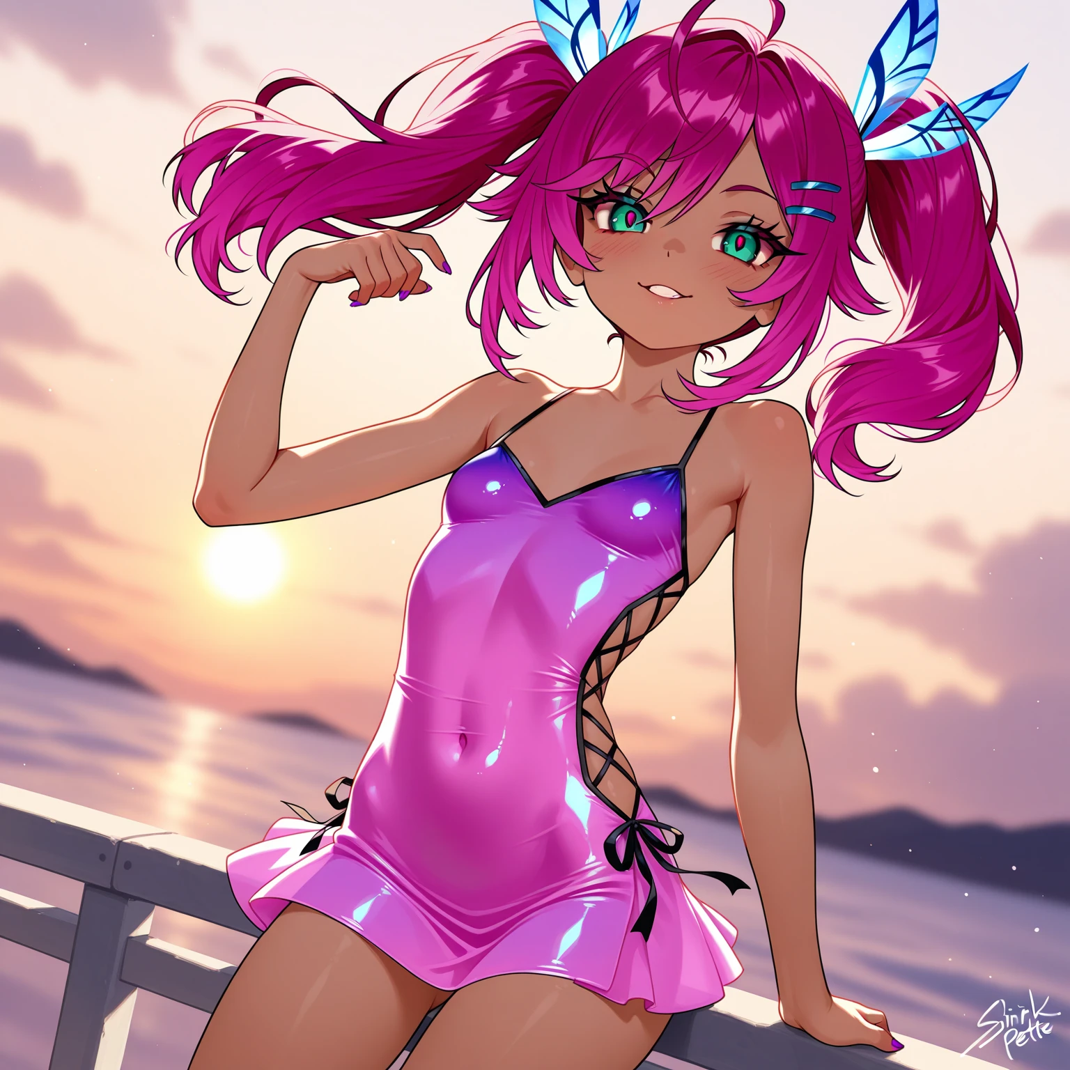 masterpiece, absurdres, hdr, soft light, best quality, detailed, high quality fanart, anime - style illustration of a woman in a bikini and high heels, shiny wet skin!!, sexy squatting pose, thicc, commission for high res, small curvy loli, sweaty wet skin, lewd, ((Arms behind head)), ((armpits)), ((looking at viewer)), smile, closed mouth, upright, light skin, haruno sakura, konoha headband, light skin, pink hair, long hair, loli, cameltoe, very small breasts, (flat chest)