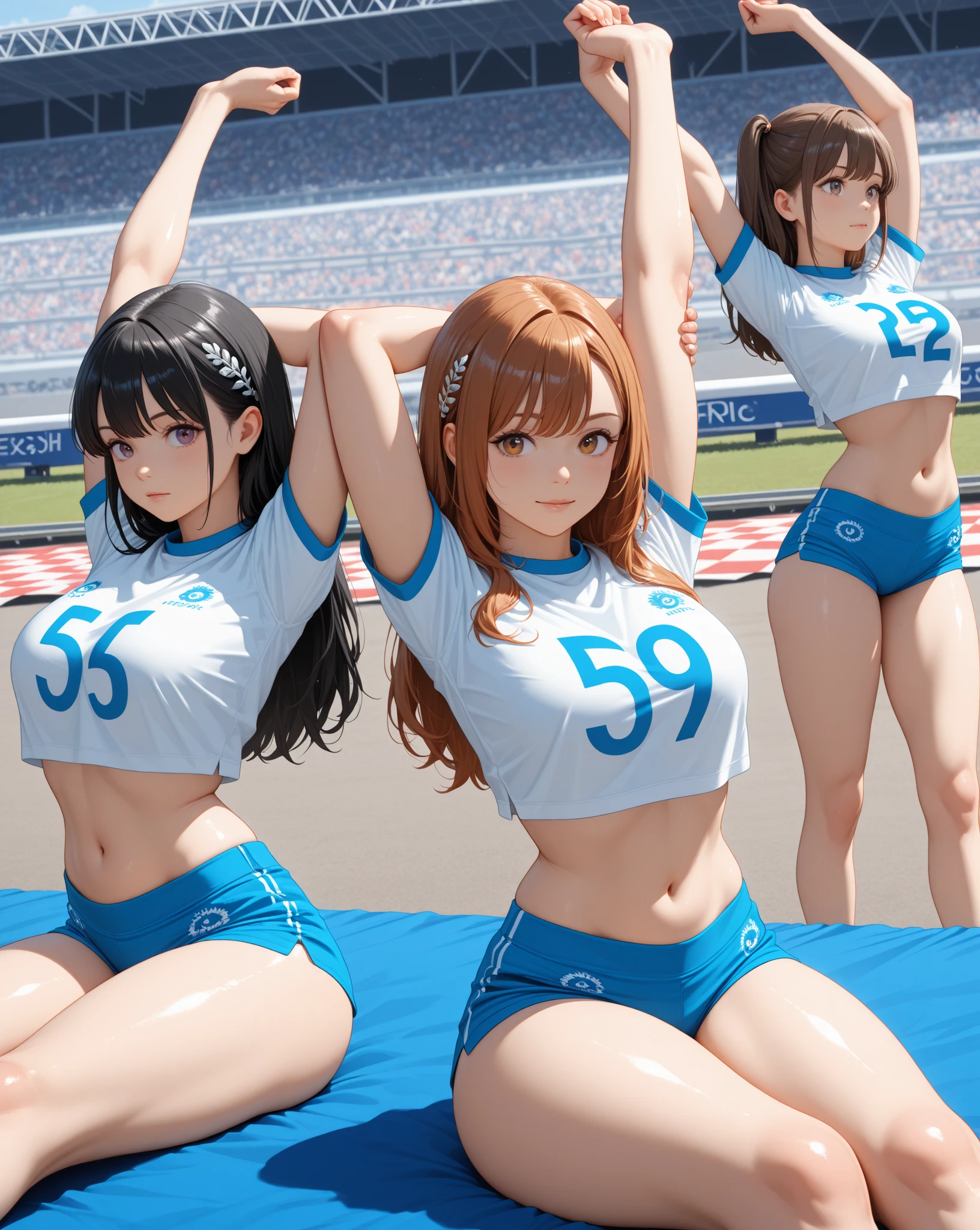 a group of large breasted cheerleaders naked from the waste down are bending over