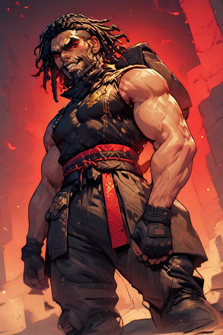 pieces of color, caderno de rascunhos, Hand drawn, Escuro, corajoso, realistic sketch, rough sketch, mistura de linhas escuras fortes e linhas soltas, linhas em negrito, no papel, arte centrada, Vetor 2D, Vivid red watercolor,  Virar a Folha de Caracteres, corpo inteiro, Rei tribal africano, homem  bonito, Forte Rei, Dungeon and Dragons, Defined bulky muscles, Roupas do rei africano, detalhes dourados, coroa de fogo, Olhos flamejantes, Shafts with neon lightning