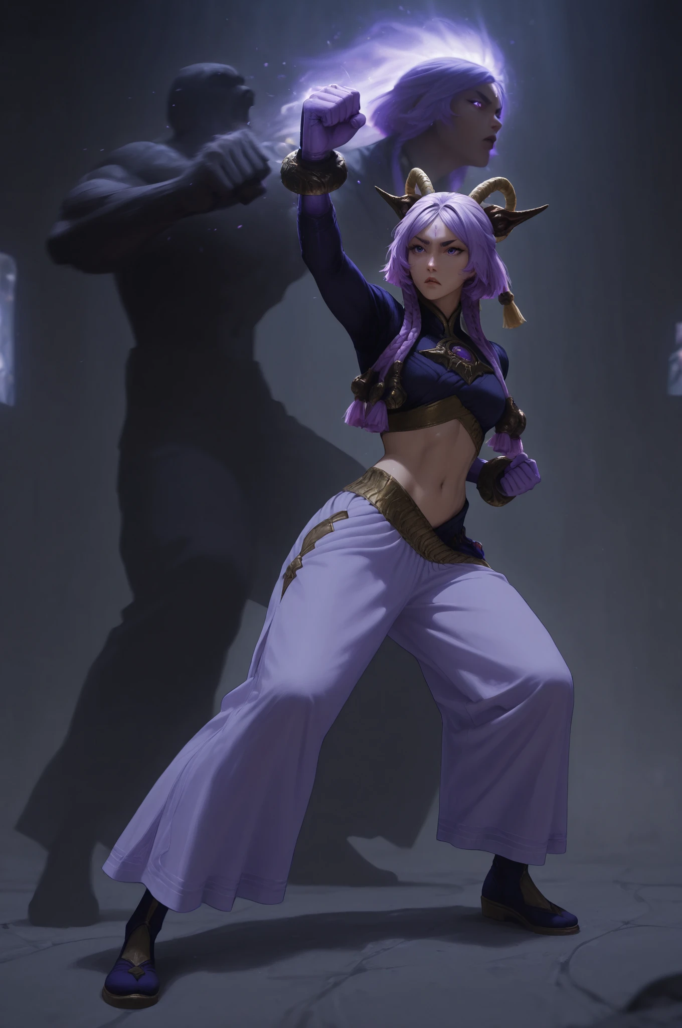 ((RAW Photo), absurd, (absurdresolution)), masterpiece, best quality, (Extremely detailed 8k unity CG wallpaper), (best illustration), (best shadow), Realistic lighting, beautiful detailed glow, yumruklar önde, hafif eğik, dövüşmeye hazır, 1girl, girl fight scene, fight scene, fists, yunara_ionian, purple eyes, purple hair, 4braids, multiple braids, very short eyebrows, thick eyebrows, dark purple eyebrows, forehead mark, tassel, hair ornament, fake horn, hair tie, büyük göğüsler, stomach line, belly button, punching, battle, (abs:0.5), 