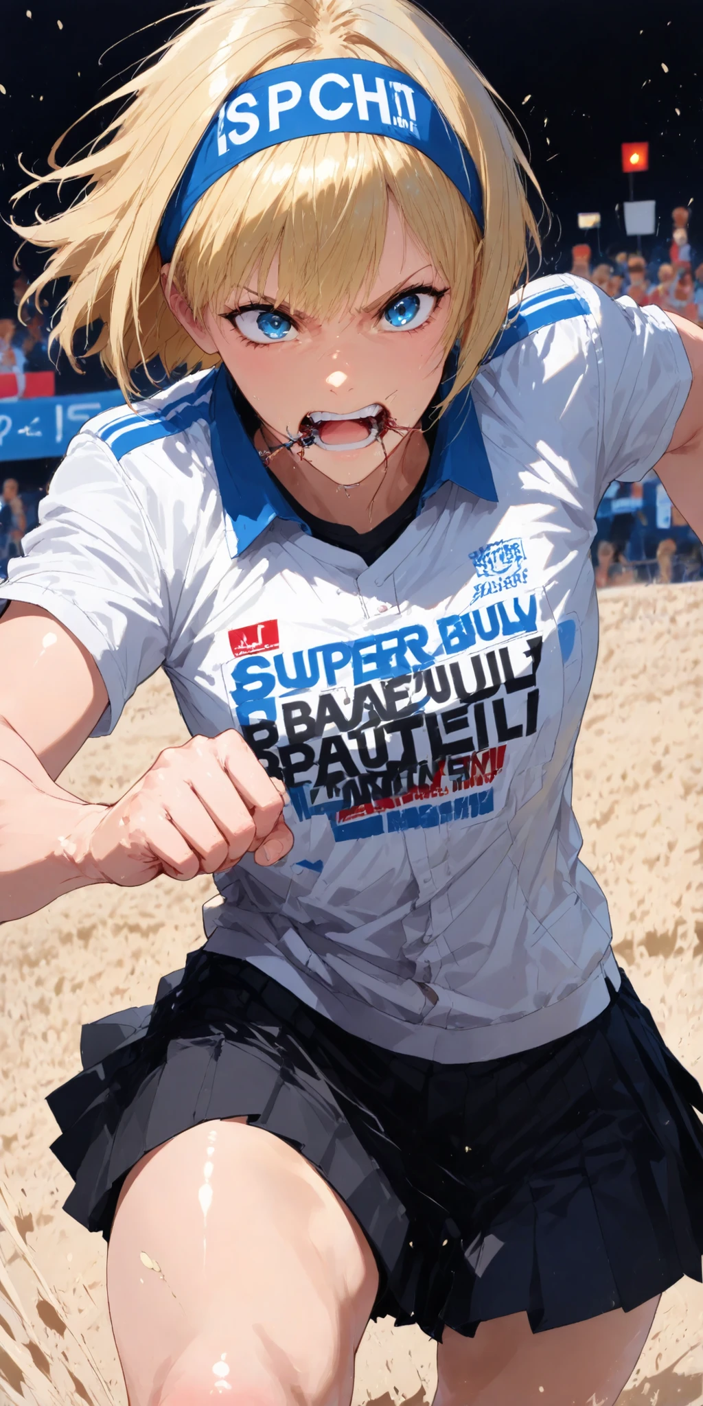 Background:Ground,Games,race,Spectators,Athletes,headband on the head,Athletesの服,Running powerfully,Sand that can be rolled up,1girl,serious expression,,dynamic angle,dynamic pose with blood in the mouth,action pose,Anime Chic,safe content (masterpiece, 最High Quality, High Quality, 詳細なBackground, complicated details,complicated,super high resolution, is so beautiful,Newest:1.2)