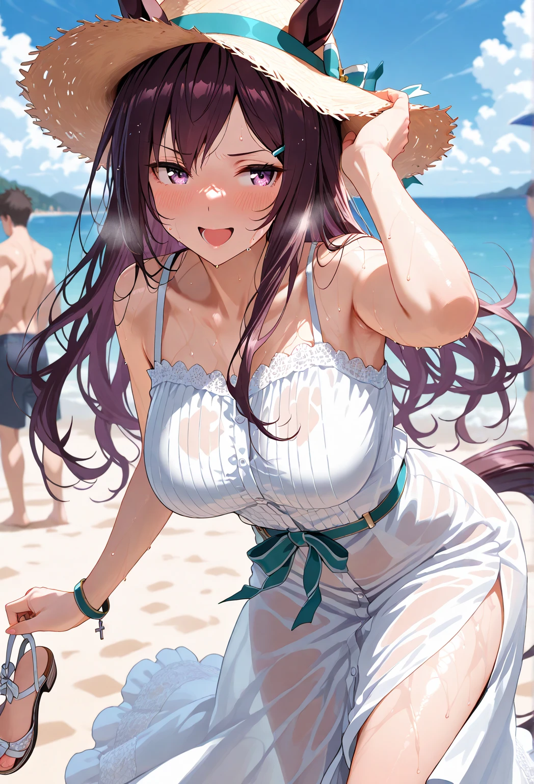score_9, score_8_up, score_7_up, source_anime,masterpiece, best quality, high resolution, extremely detailed CG, absurdres, highres, 1girl, solo, cowboy shot,cute face, :D, summer beach background, bikini, frills,neondskdrmsxl,babycreamxl
