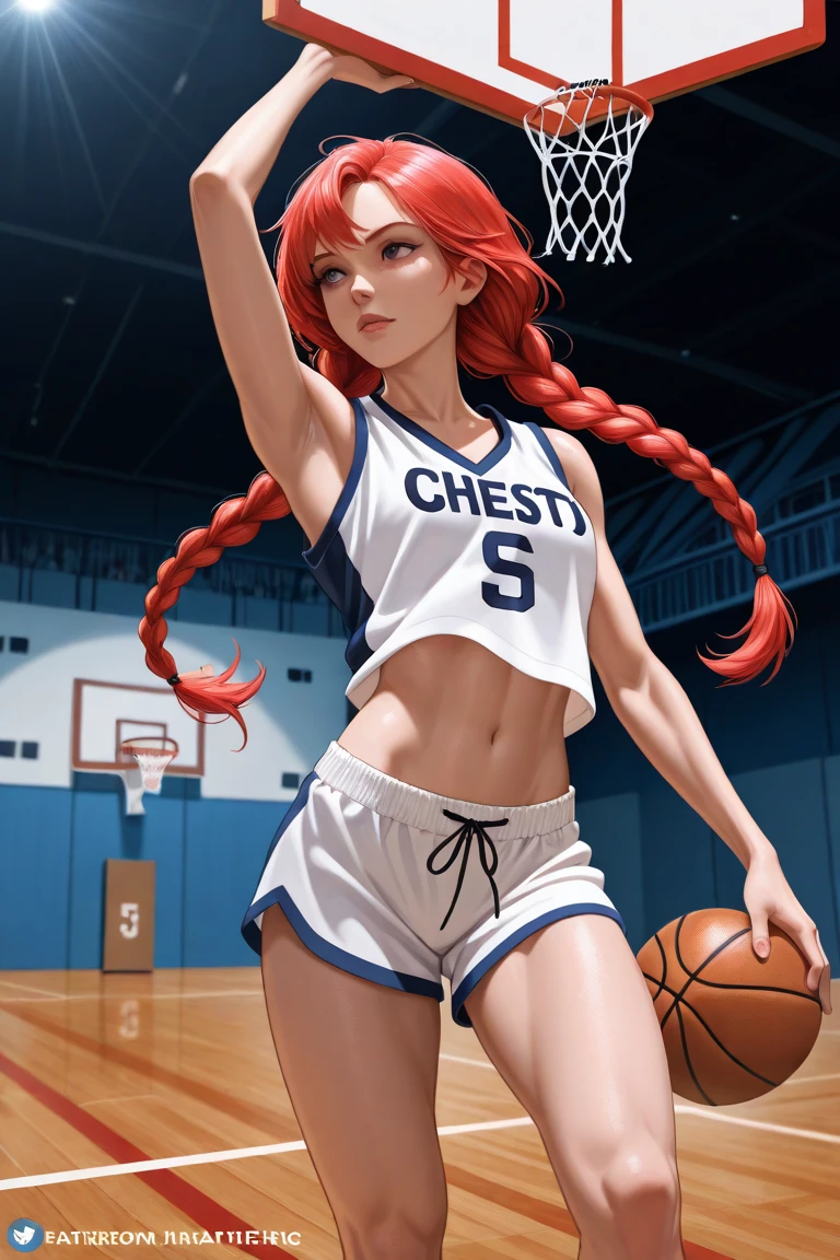 Masterpiece: 1.2, Best Quality), Realism, (Real Pictures, Intricate Details, Depth of Field), (Makeup, Lips Apart, High Detail, Perfect Face, (Huge Tits: 1.4), (Skindentation), Thick Thighs, Wide Buttocks, Thin Waist, Tall, Coral Lips, Red Hair, Red Eyes, Ponytail, (Girl Playing Basketball, White Basketball Suit), (Sweat: 1.2), (Wet), Basketball Court, Sexy,