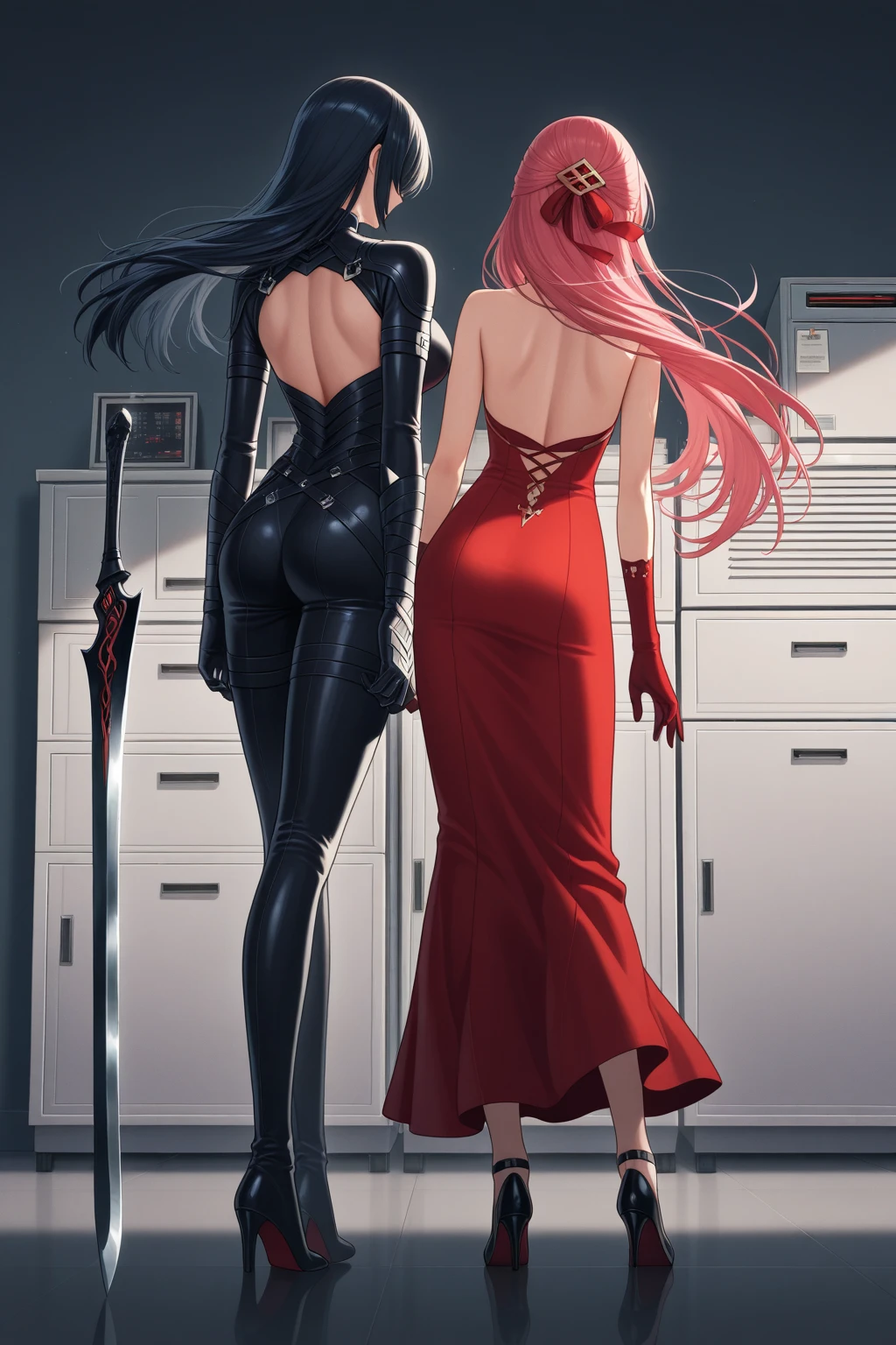 Masterpiece, manga master work, great anime, a beautiful underworld woman, gangster movie female BOSS, wearing a red silk shirt, black tight skirt standing under the empty night stars, full body standing posture, shooting action, tall figure, slender legs, facial details, detailed body part details, side full body, 8k wallpaper