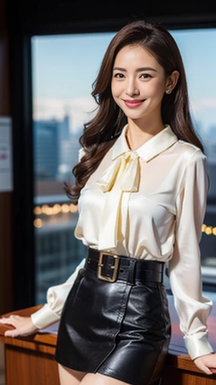 Ulchan-6500-v1.1, (Raw photo:1.2), (Photoreal), (See-through:1.3), (genuine:1.4), 1with a girl、25 years old、game_nffsw, big eyes(eye), smile of shame、brown semi-long hair、curly hair、pretty girl、(Elegant silk blouse:1.3), (super realistic pantyhose:1.2), (mini skirt:1.2), sitting in the office and working at the desk、realistic skin texture、shiny skin、big earrings、thin lips