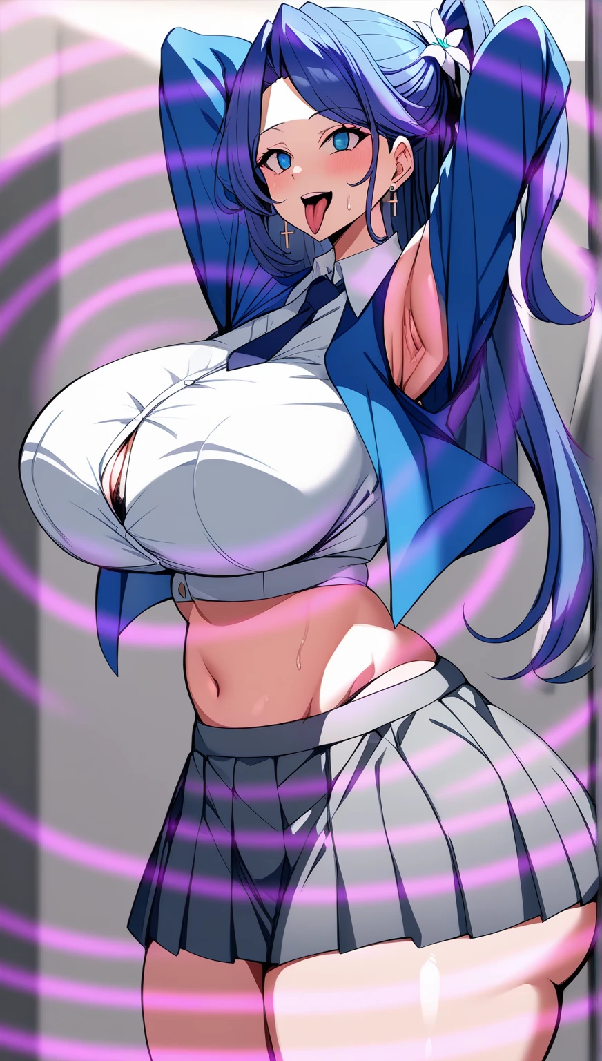 masterpiece, Best Quality,1girl in, (Solo:1.3),(huge-breasted:1)smile,in nightclub :1.3),standing on,A smile,Opening Mouth,virgin killer sweater,sexy pose,show off nipple,