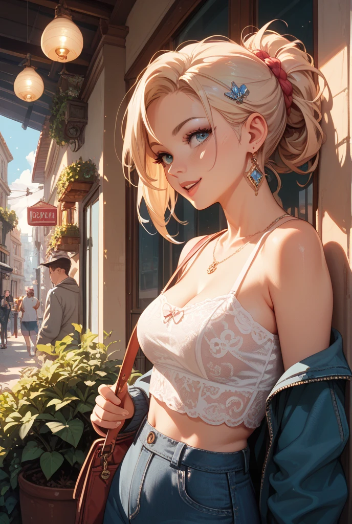 (Best quality, 4k, Masterpiece :1.3), beautiful woman, hyper realistic, 1girl, (droopy breasts, attractive body :1.2), sit-ups :1.1, long straight light yellow hair with bangs :1.1, ultra-detailed face, detailed lips, detailed eyes, double eyelid, short pink bra, open neckline, hanging breasts, side pose, visible curves, in the middle of the street, light blue short jean shorts, muscular turned leg, Big breasts, blue eyes, pink high heels, open sky with sun, smiling, Japanese, big ass, standing on his back looking back, show more ass, freckle on face, freckle on ass, beautiful elf, pink lips, pink heart earrings --auto --s2