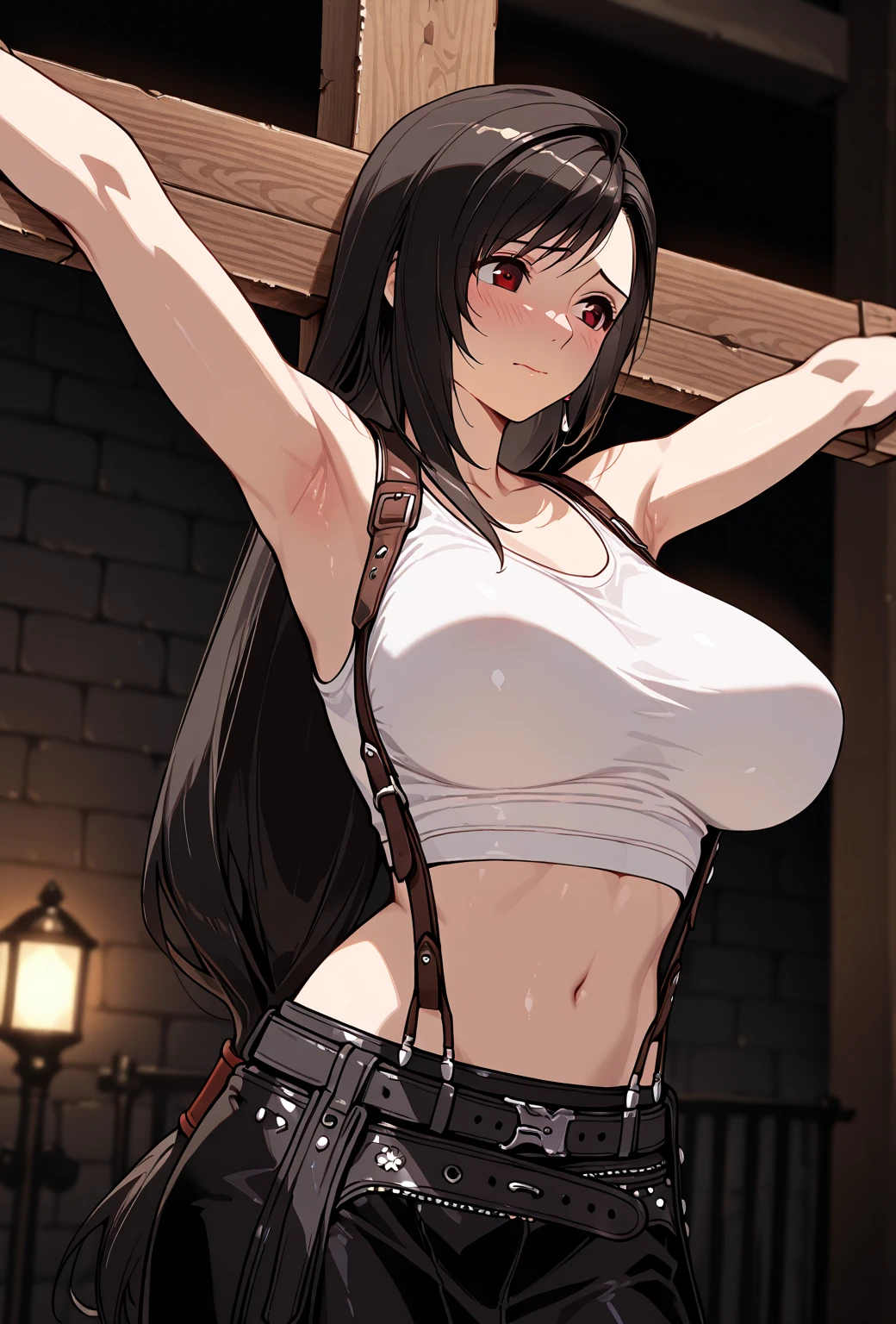 Close up, fantasy world, wooden room, fireplace, adult woman, beautiful, judgemental expression, tough look, long black hair, brown eyes, muscular, brown cloth clothes, belt, lifted skirt, lifting skirt, ????? ?????