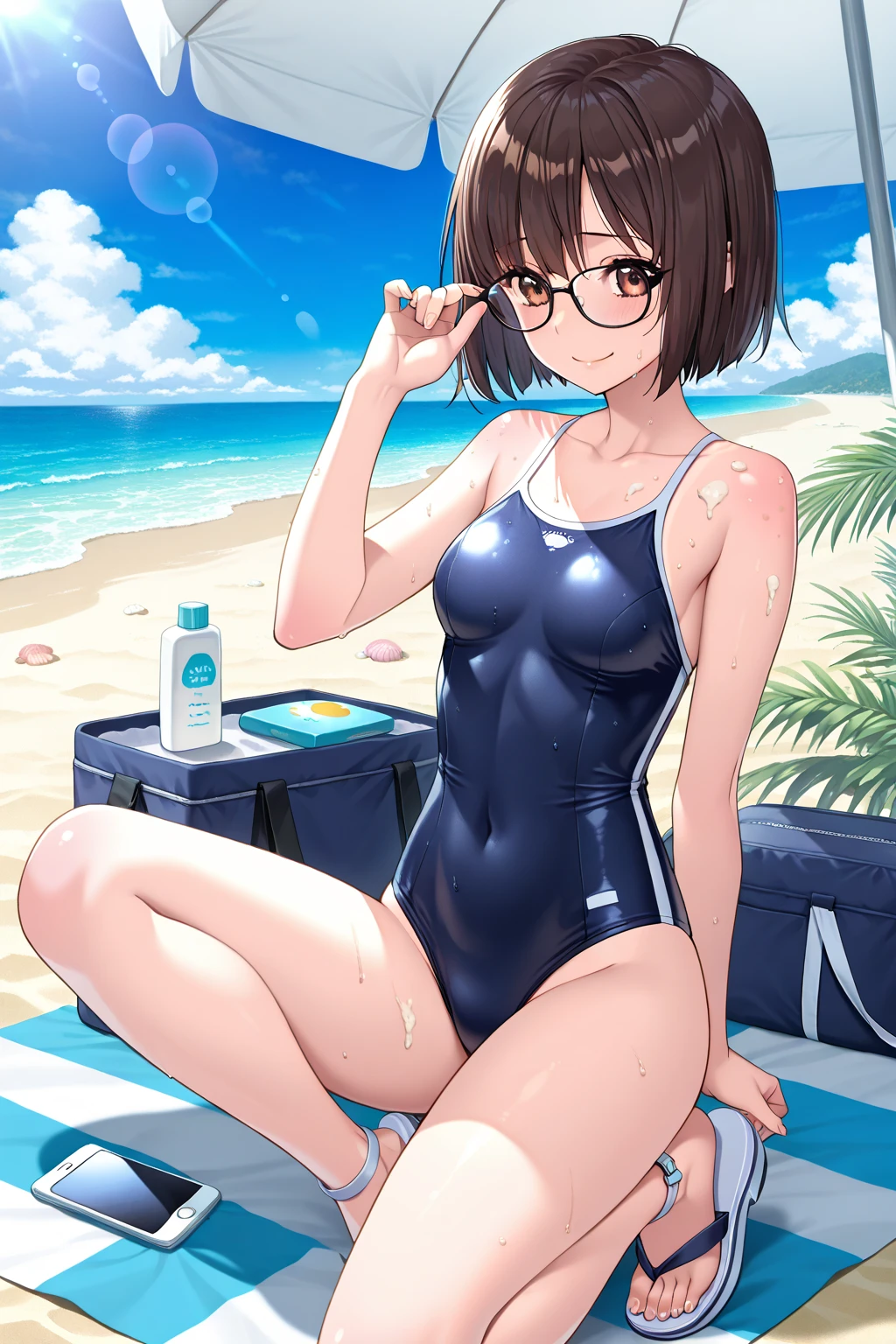 Brown hair, purple eyes, short hair, one piece swimsuit, gold swimsuit, yellow swimsuit, short, woman, outside, beach, cheery, warm smile, standing, small breasts, glasses, black shirt