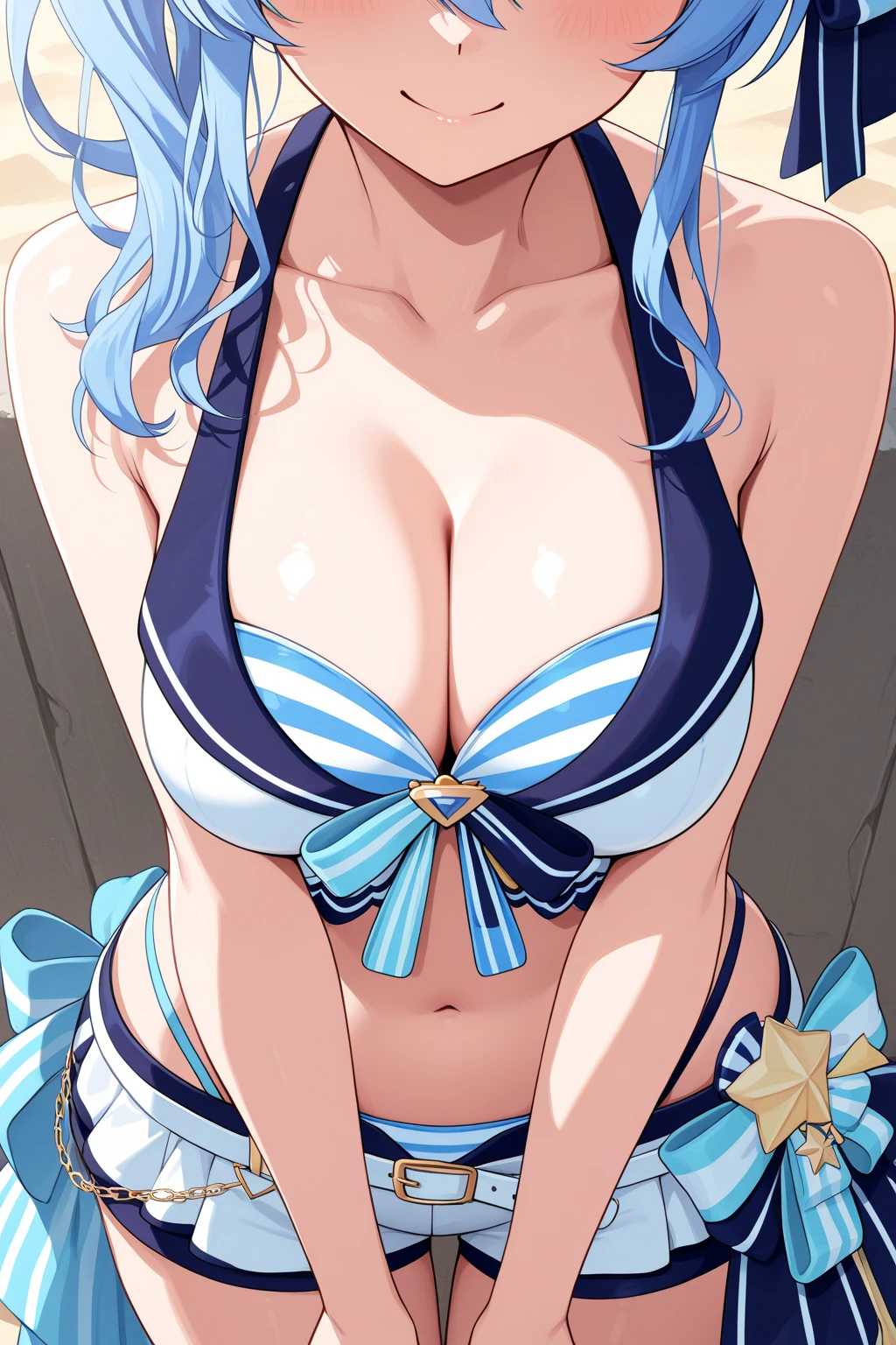 (highest quality,4K,8K,High resolution,masterpiece) ,Very cute , smiling , open chest, Light blue hair , miniskirt , very detailed , the background is the summer sea , bikini Swimsuit , ganyu,Horns

