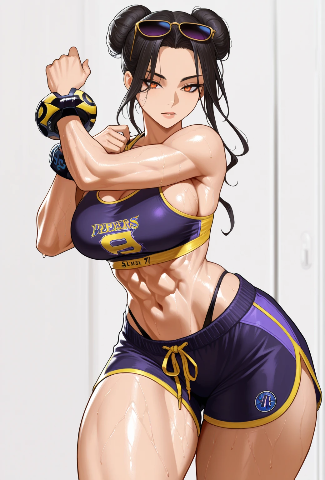 High angle lens，shot from behind。Contemptuous eyes and firm expression (Glamorous photo of a dedicated female swimmer，Wearing a purple competition swimsuit，lie on the floor), (Strong expression and commitment to excellence:1.2), Inspired by fierce competition,(((milf)))
