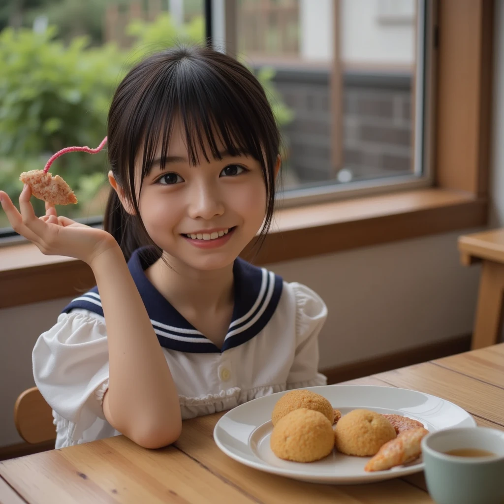 11 year old girl　Japanese　Light blue yukata　Realistic Skin　Bigeyes　Eating french fries