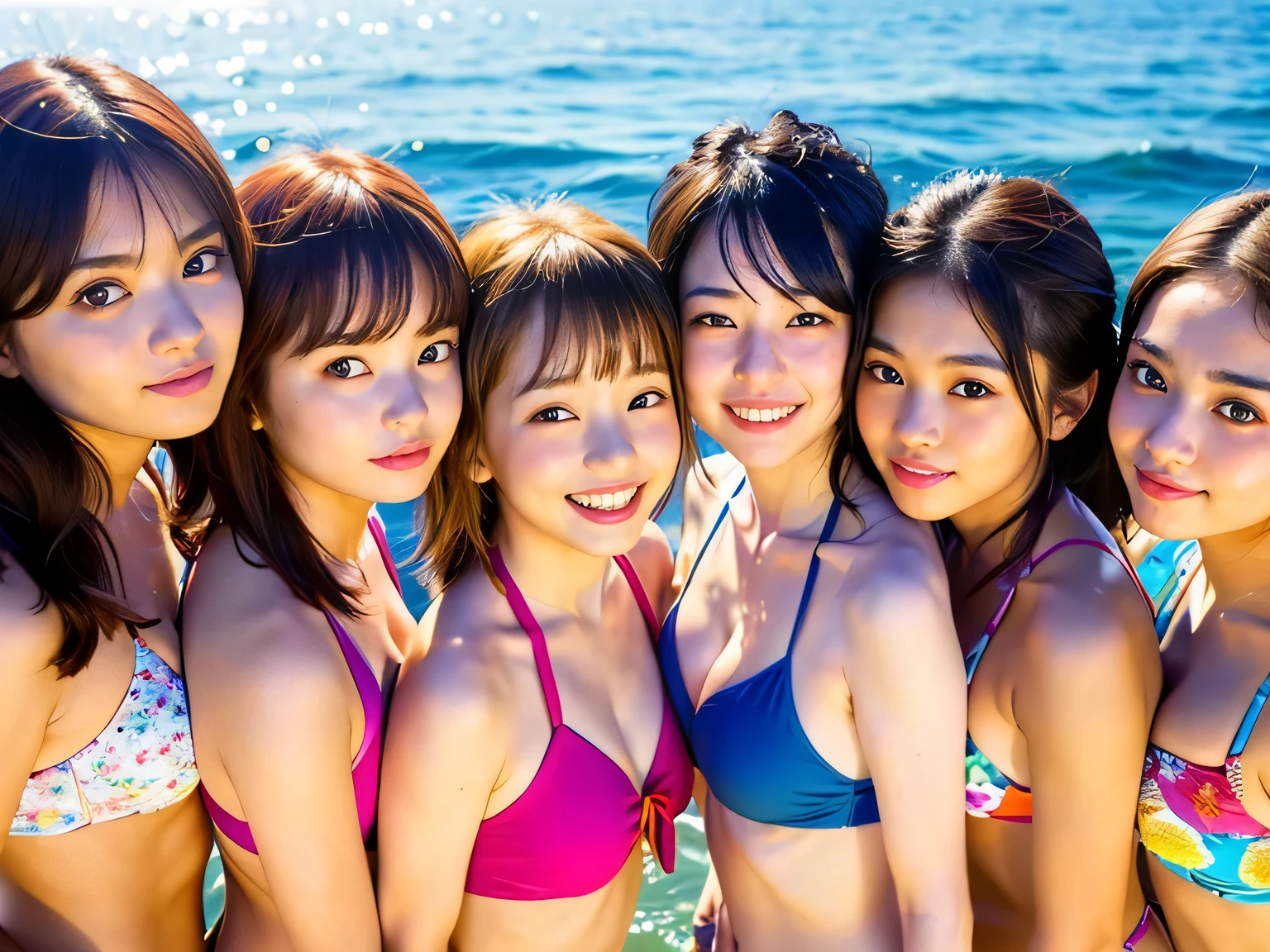 highest quality、Super high resolution、(Photoreal:1.4)、identical twin sisters、Swimsuits that are not too revealing、(faded ash gray hair:1)、(huge breasts:1.2)、looking at the viewer、Close-up、big、sunset