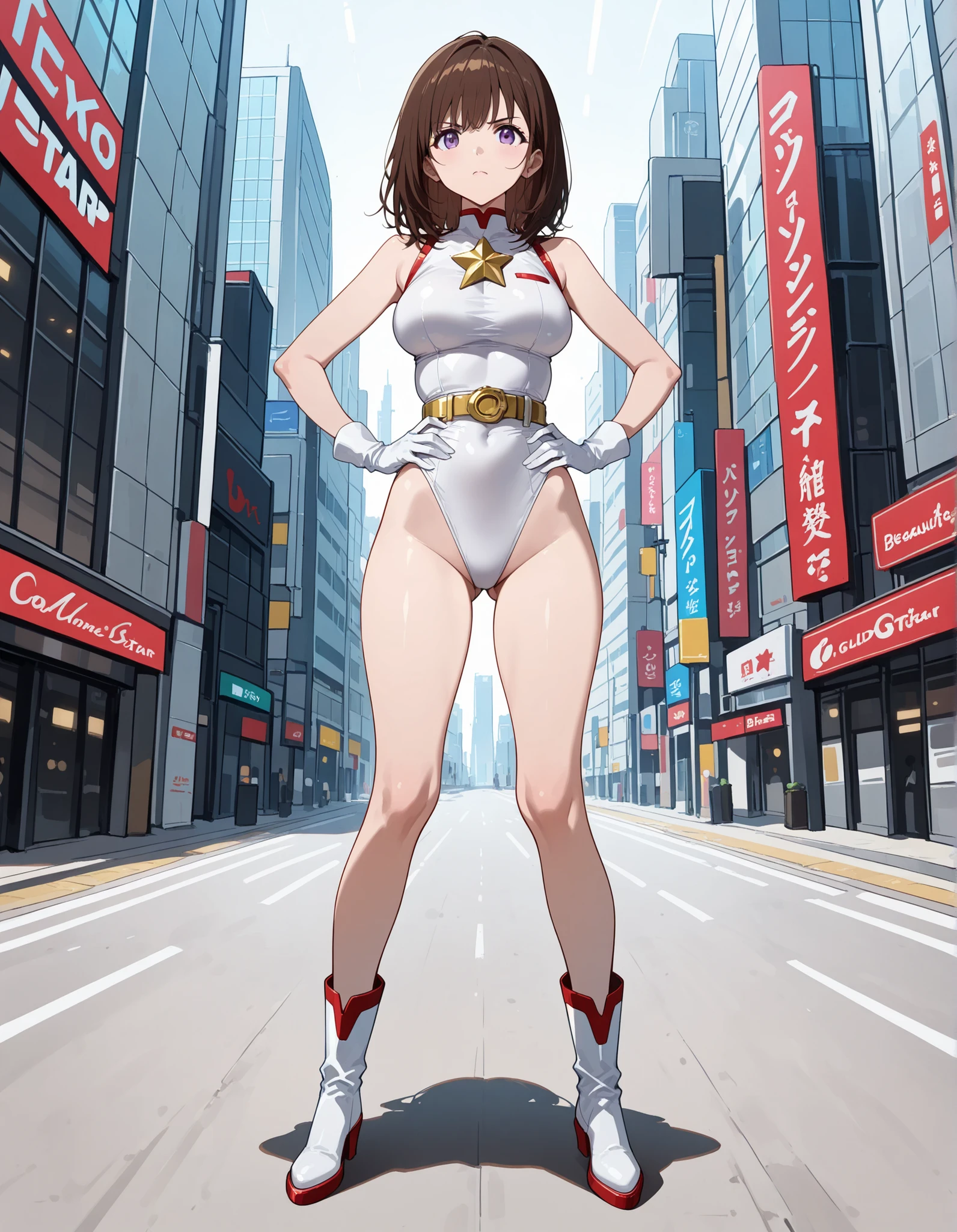 (((pixel-perfect, detail-perfect))), solo, single, solo focus, 1girl, you watanabe, looking at viewer, smile, superhero, leotard, bare legs, boots, standing, hands on hip, full body shot, city backdrop, sleeveless, ultra highres, absurdres, ((only five fingers)), perfect body, good proportions
