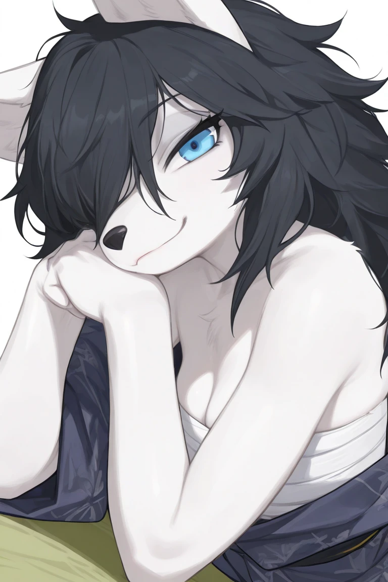 Solo, score_9,score_8_up,score_7_up, kemono style, a young nerdy Anthro furry wolf woman, wolf snout, white furry body, tall, long black messy hair, black hair, hair in a pony tail, hair covering one eye, white wolf tail, blue eyes, white wolf ears, white wolf tail, small breasts, naked, close up, portrait, pouting, jazz hands, open palm hands. hands, five fingers, chest tuft