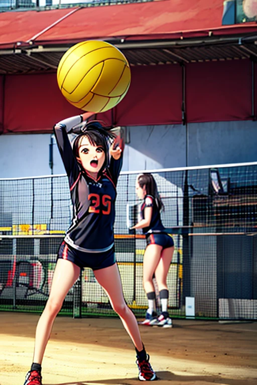 ((best quality)), ((master part)), ((Realistic)), (corpo inteiro), (1 girl: 1.5), (coxas muito bem definidas) The comic image of a girl with a (muito agressivo:1.2), colorful manga style, Ultra Detalhado, Nisio Isin, Krenz Cushart, sharp colors, nebuloso, Intensidade Close - Up, Hurufiyya, volleyball player holding ball looking intently on a volleyball court