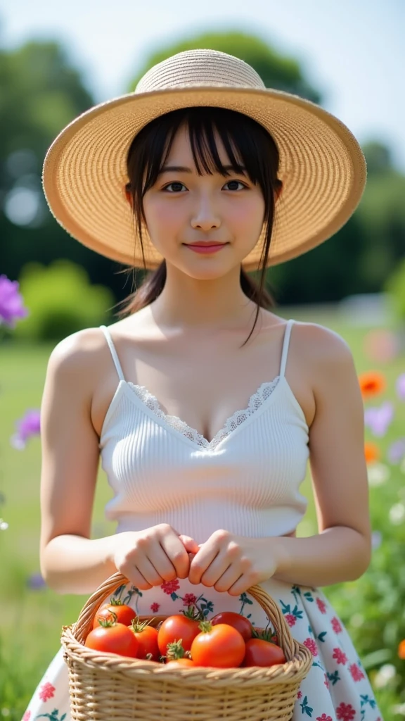 blue sky, Beautiful sky, Daytime view, Blue background, Professional director, Professional Lighting, (Highest quality, 12896k,masterpiece), Very cute small round face, Japanese Idol, Big Breasts, clavicle, White Dress, Ultra HD, (Photorealistic:1.1), RAW Photo, One Girl, Beautiful eyes, Very big breasts and big eyes, Black brown hair, Cute Sunflower Bandana, Are standing, Smile, Full body photo