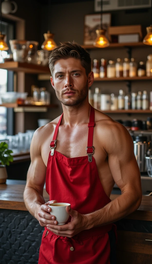 ((Men only)), (cowboy shot), (apron on bare skin), (showing his abs), (handsome muscular male waiter in his 30s), (in the restaurant), (Mischievous smile), (detaile: 1 in 1), Natural muscles, HIG quality, beautidful eyes, (Detailed face and eyes), (Face、: 1 / 2), Noise, Real Photographics、... .................................................................................................................PSD, Sharp Focus, High resolution 8K, realisitic & Professional Photography, 8K UHD, Soft lighting, High quality, Film grain, FujifilmXT3